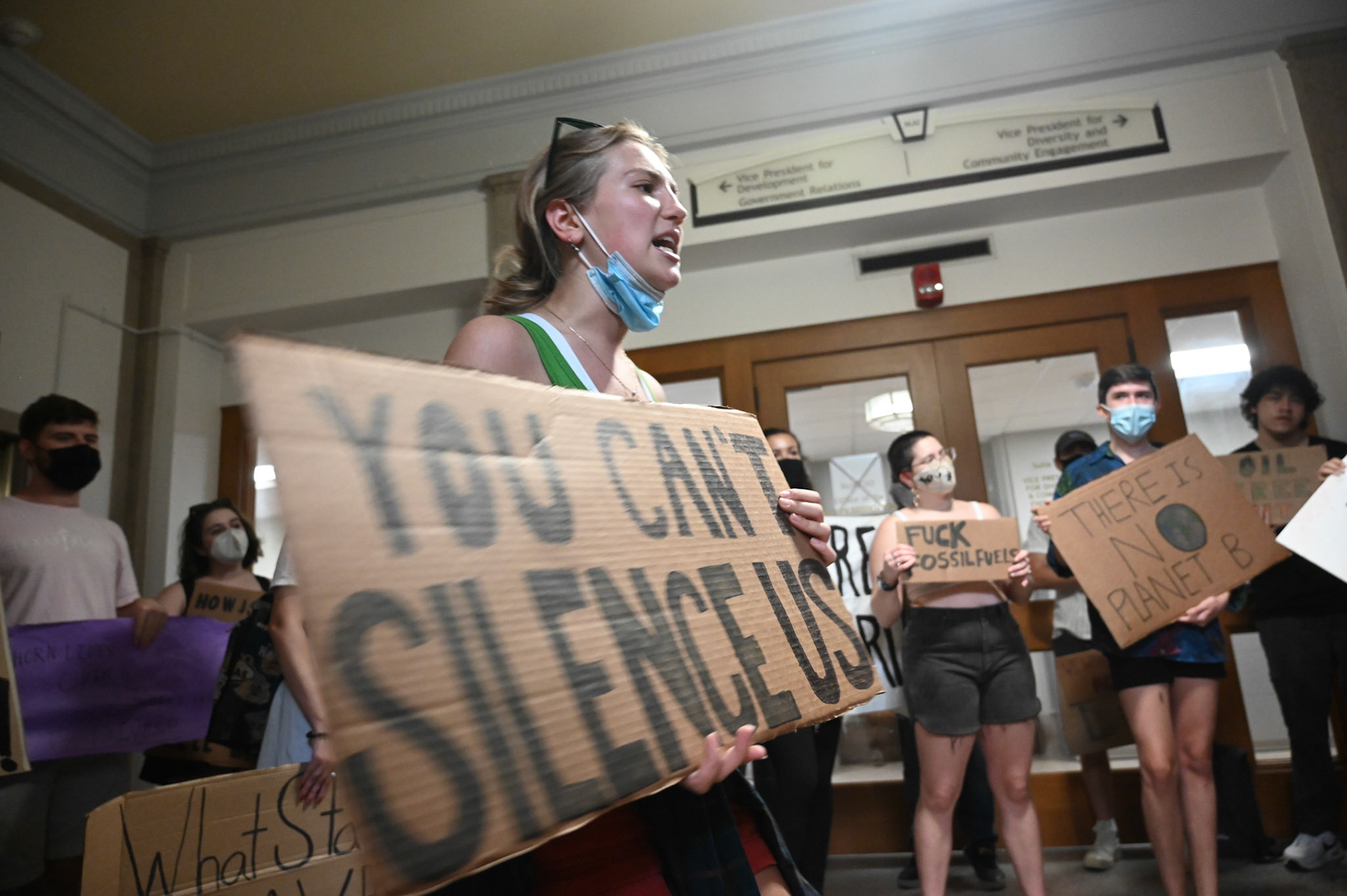 About 30 UT students protested the University’s policies toward climate change and fossil fuel investments inside the Tower on October 26, 2021. SFCC's divestment proposal suggests that the University send a formal message to the community acknowledging the climate crisis, form a diverse committee to create an equitable climate action plan and appoint professionals to transition the Carl J. Eckhardt power plant on campus to zero emissions.  