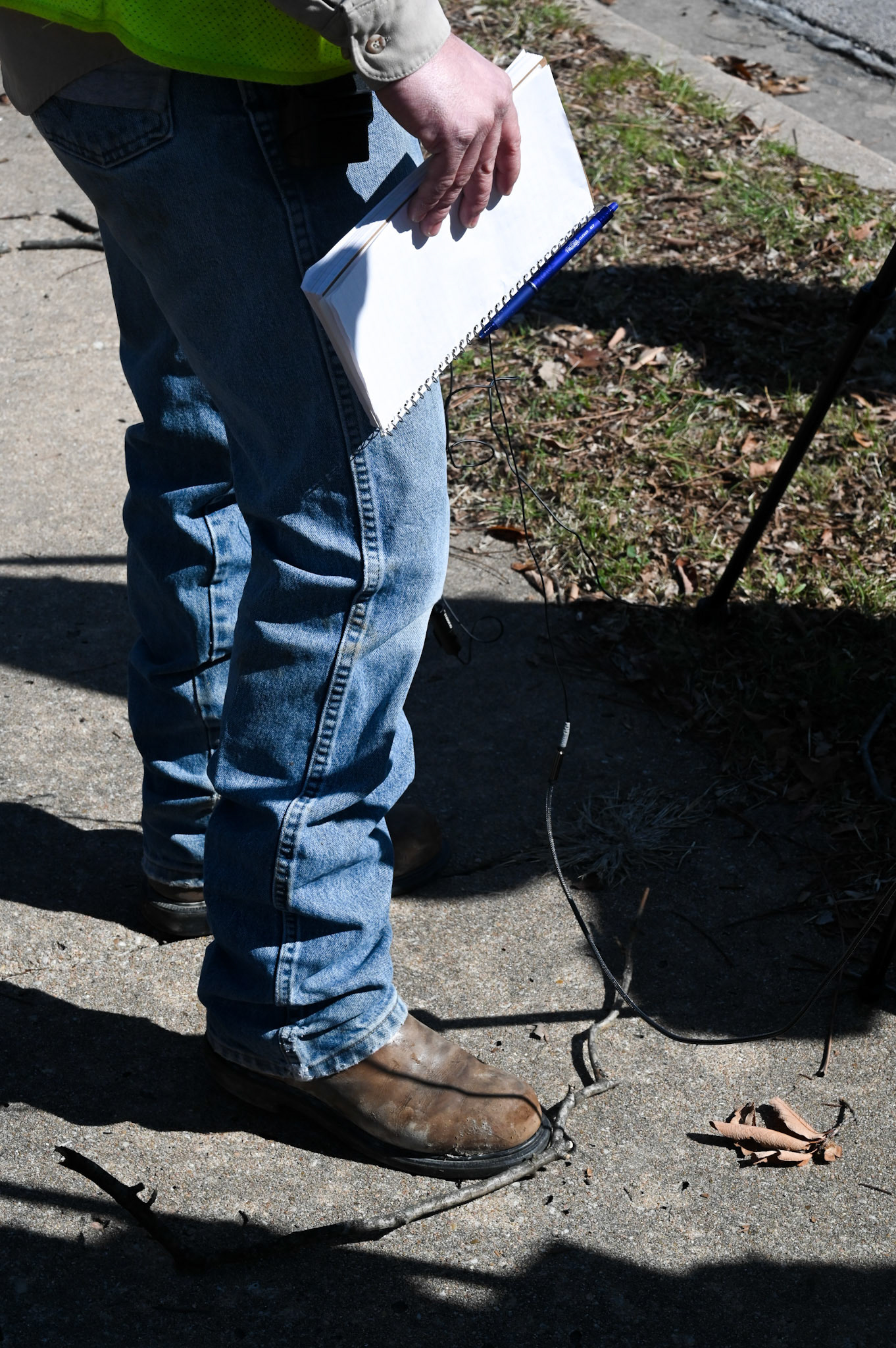 Austin Energy crew leader Forrest Gifford holds a notebook in hand during a media interview on Feb. 4, 2023.
