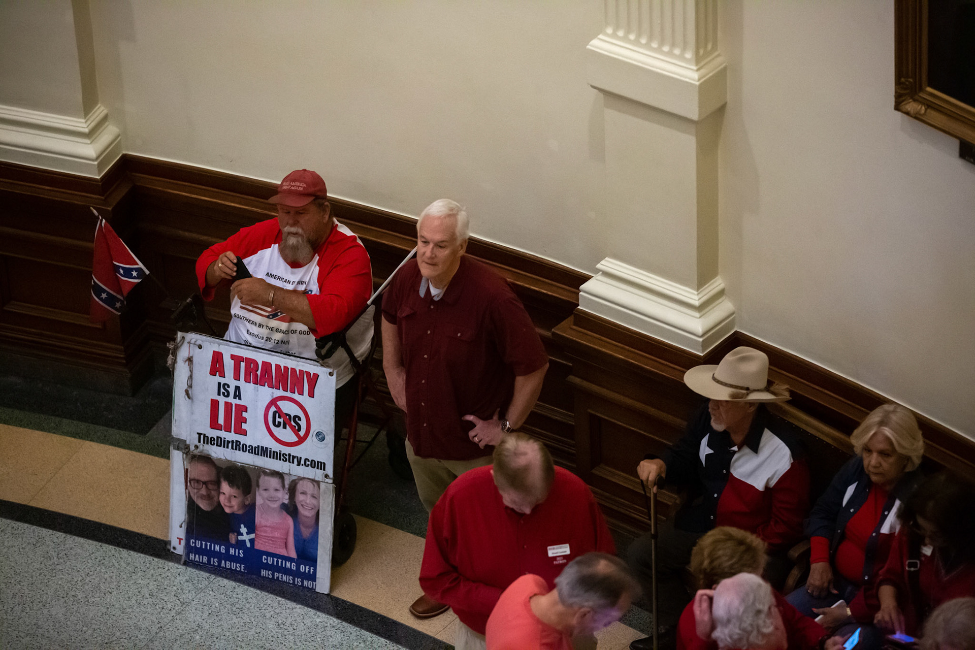 Supporters of SB14, a bill to eradicate gender transition healthcare for trans kids in Texas, sit in the capitol rotunda waiting for the House to convene on May 2, 2023. The bill is the furthest any LGBT legislation has gone this session.