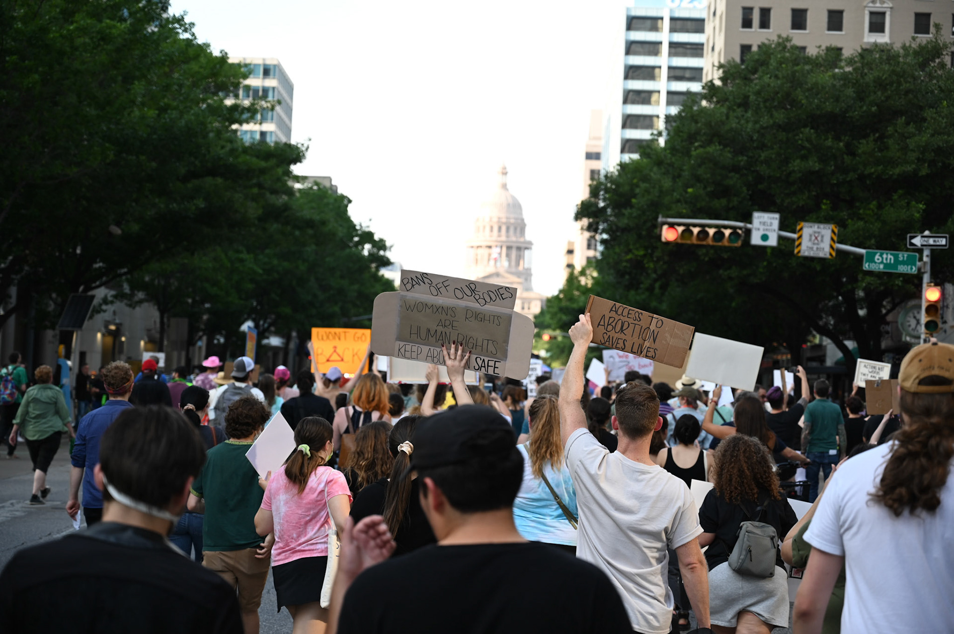 Protestors approach the state Capitol in support of abortion rights on May 3, 2022. The protest was held in opposition to the conservative majority Court's decision to reconsider the Roe v. Wade precedent, according to the leaked Politico draft opinion.  