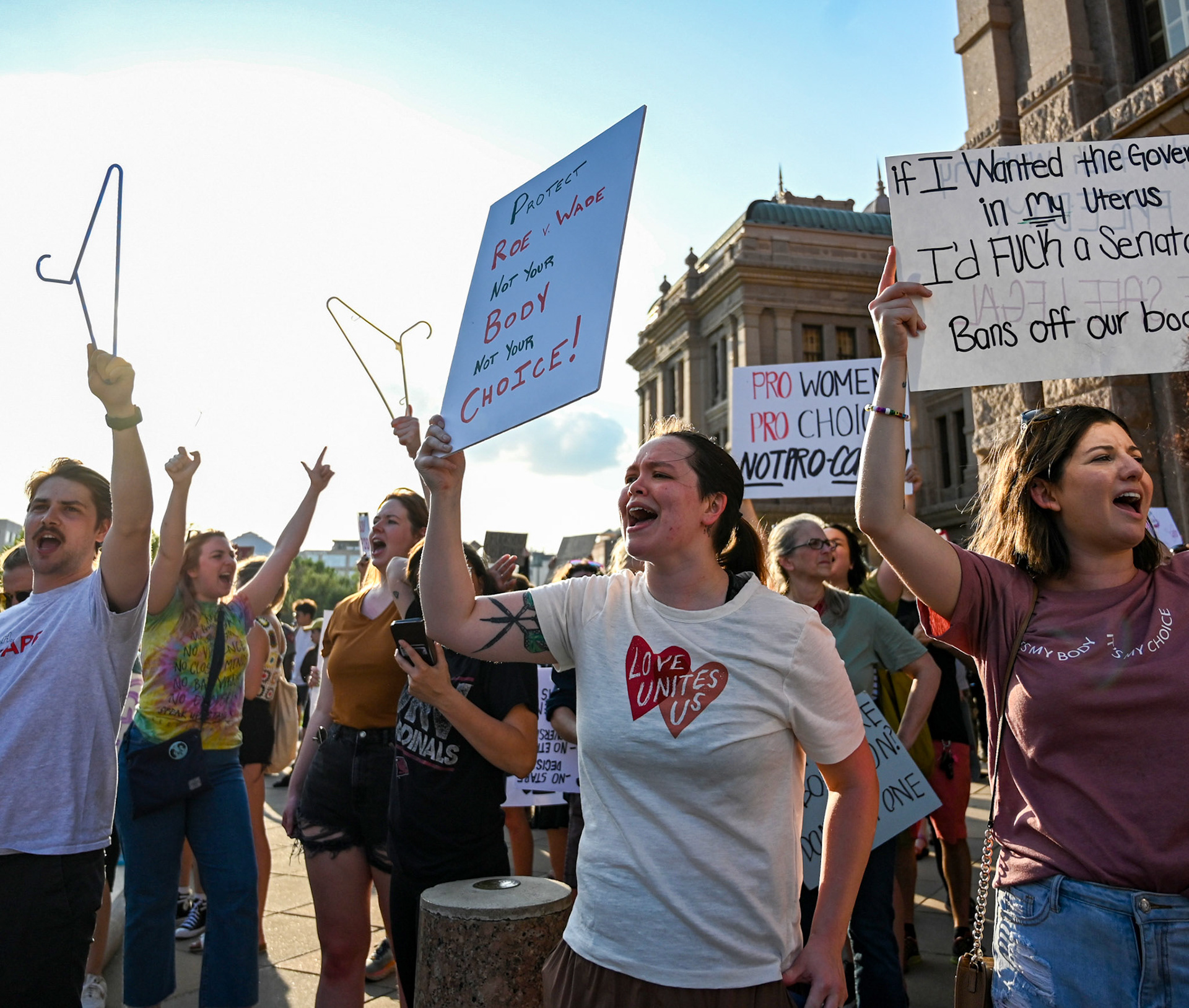 Protestors chant on the Capitol steps in May 3, 2022. The protest was held in opposition to the United States Supreme Court’s intention to overturn Roe v. Wade, according to an unprecedented publication of a leaked draft opinion by Politico. 