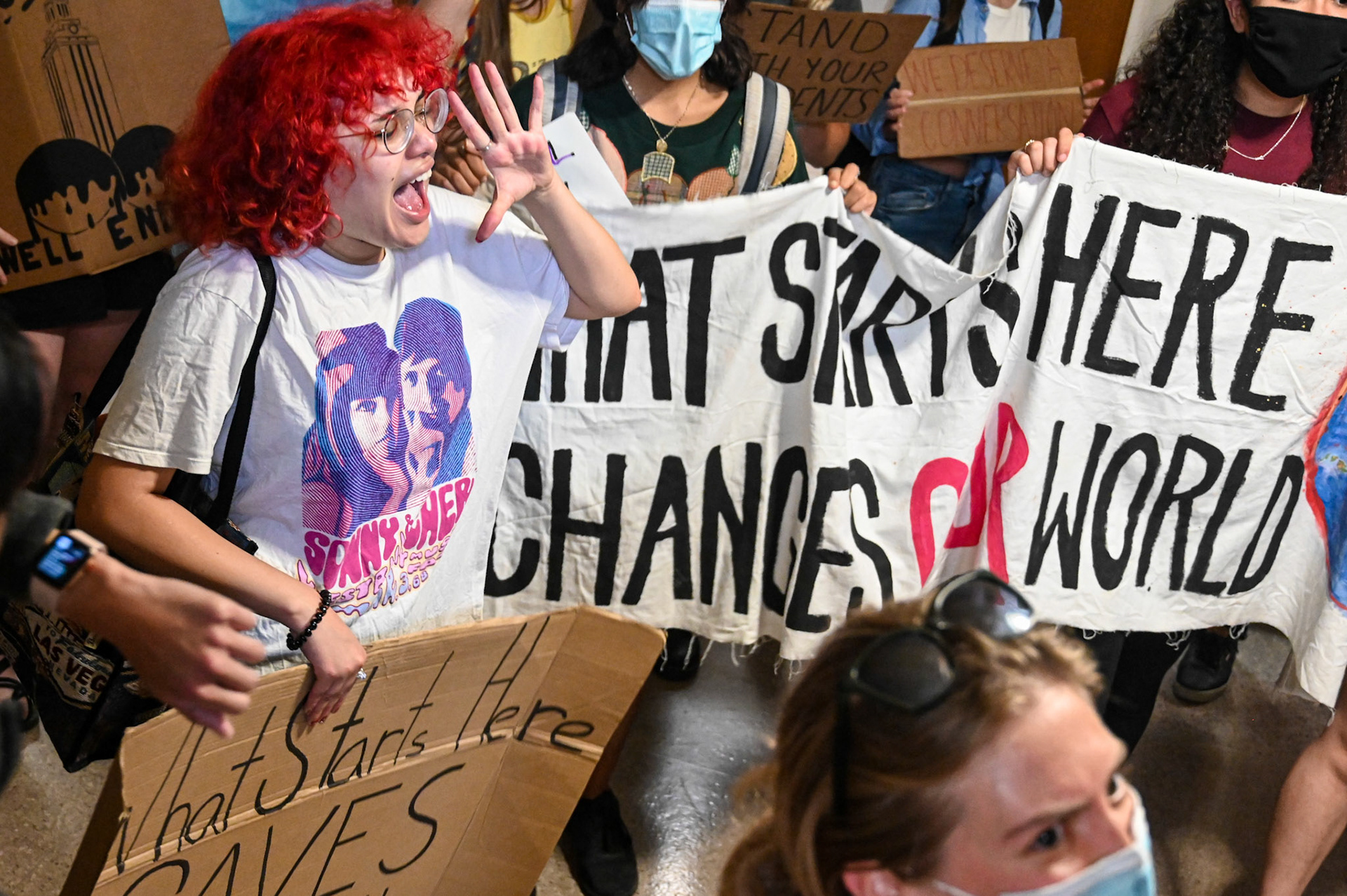 Students Fighting Climate Change  chant inside the UT Tower by the President's office after their meeting with Hartzell was canceled. “It’s disrespectful, unprofessional, and disturbing that they pick and choose which student issues to listen to, and that they try to divert our concerns to faculty members with less power,” SFCC said in a statement.