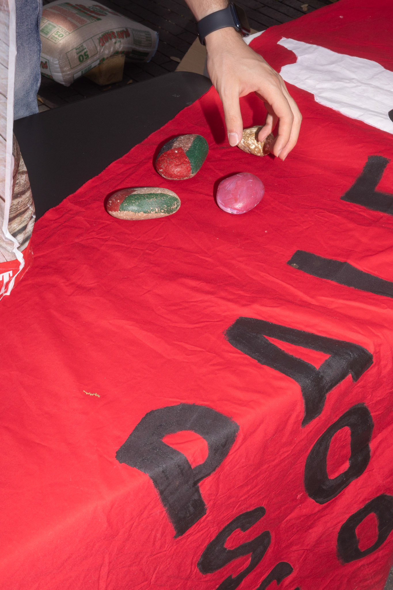 Painted rocks serve as paperweights while tabling.