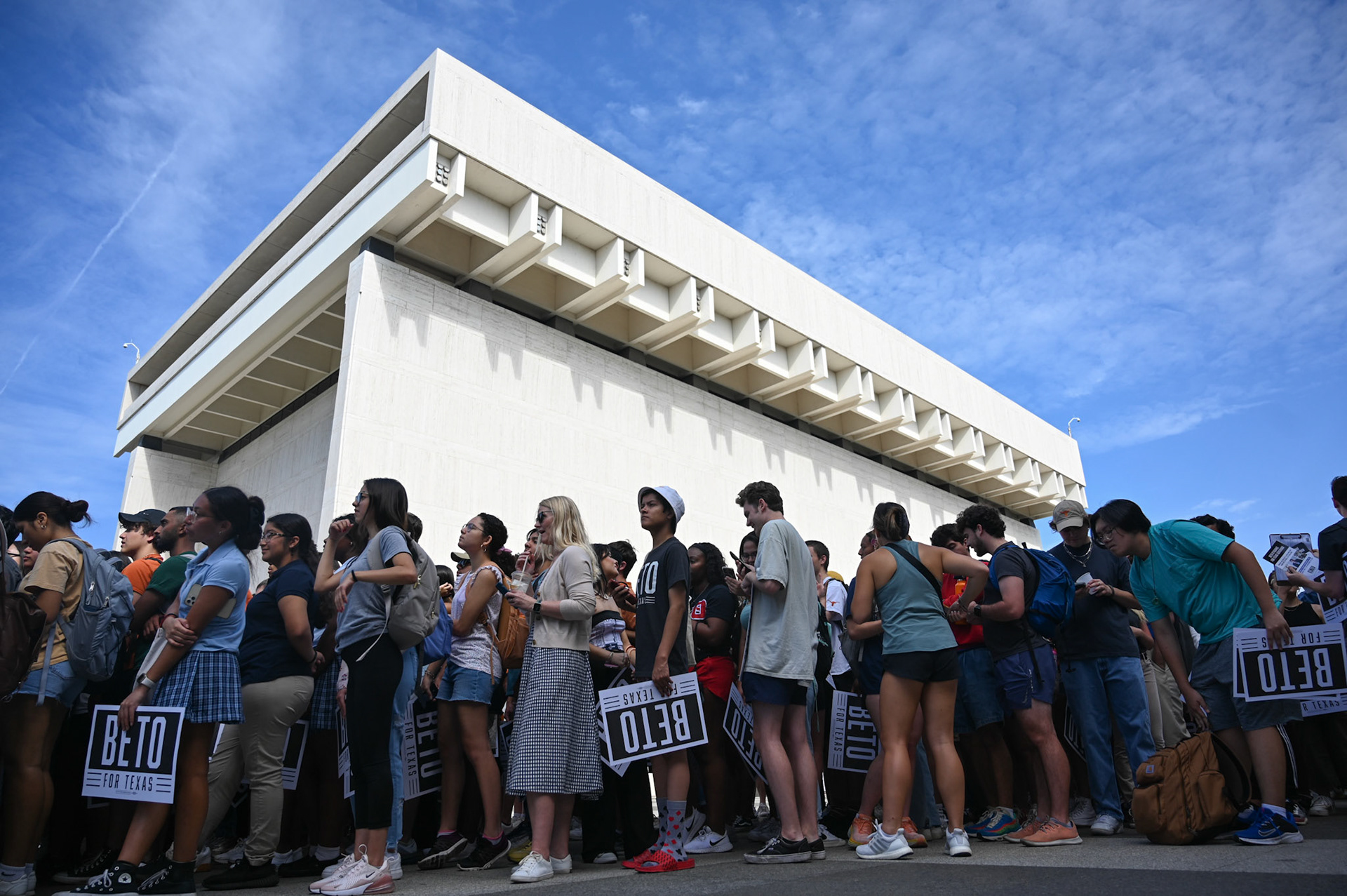 Hundreds of students stand in line to meet gubernational candidate Beto O'Rouke following his speech at the LBJ school on September 26, 2022. Students greeted O’Rouke with painted chests, musical performances and a cupcake in celebration of his 50th birthday.