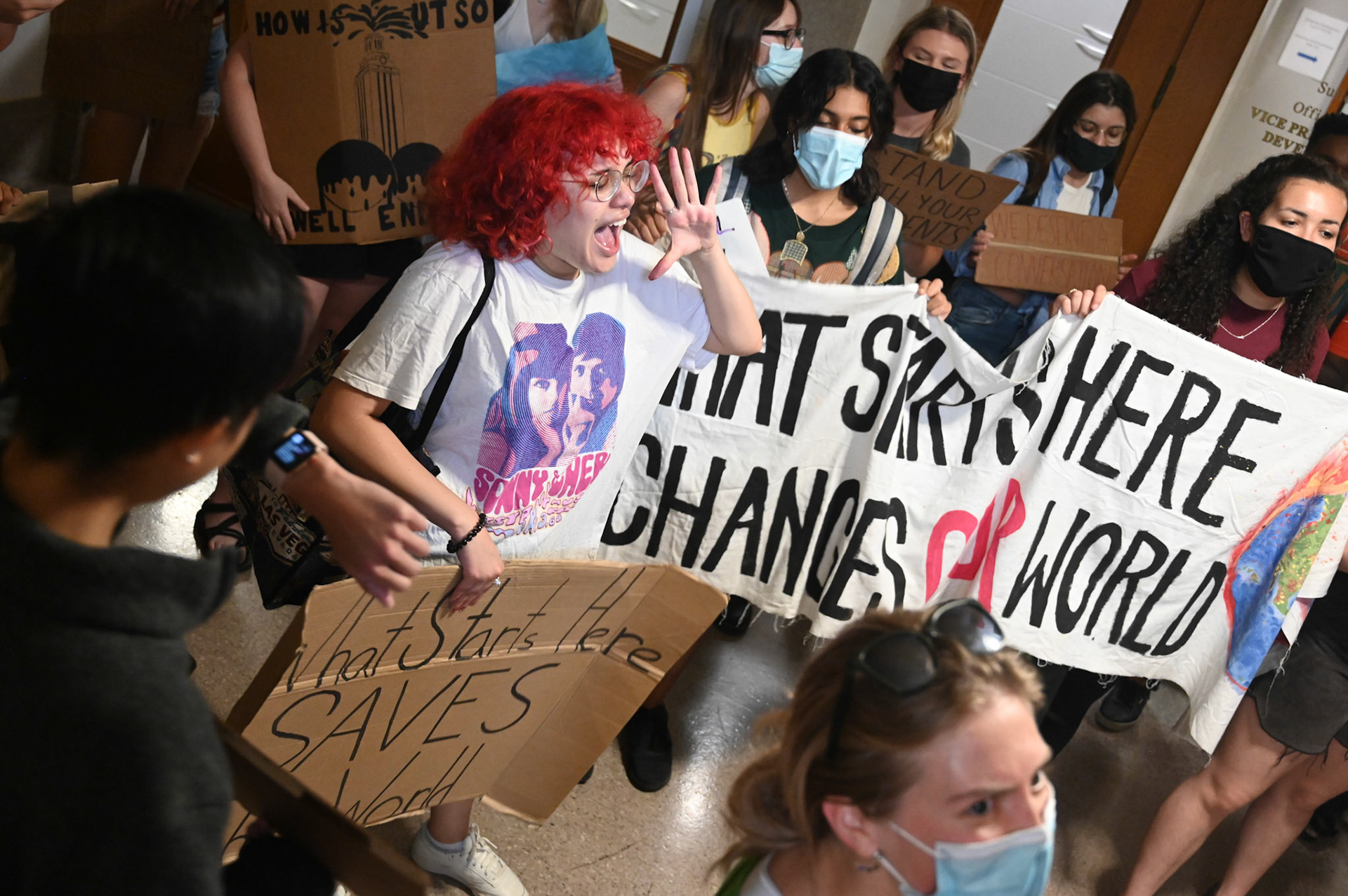 Students Fighting Climate Change  chant inside the UT Tower by the President's office after their meeting with Hartzell was canceled. “It’s disrespectful, unprofessional, and disturbing that they pick and choose which student issues to listen to, and that they try to divert our concerns to faculty members with less power,” SFCC said in a statement.