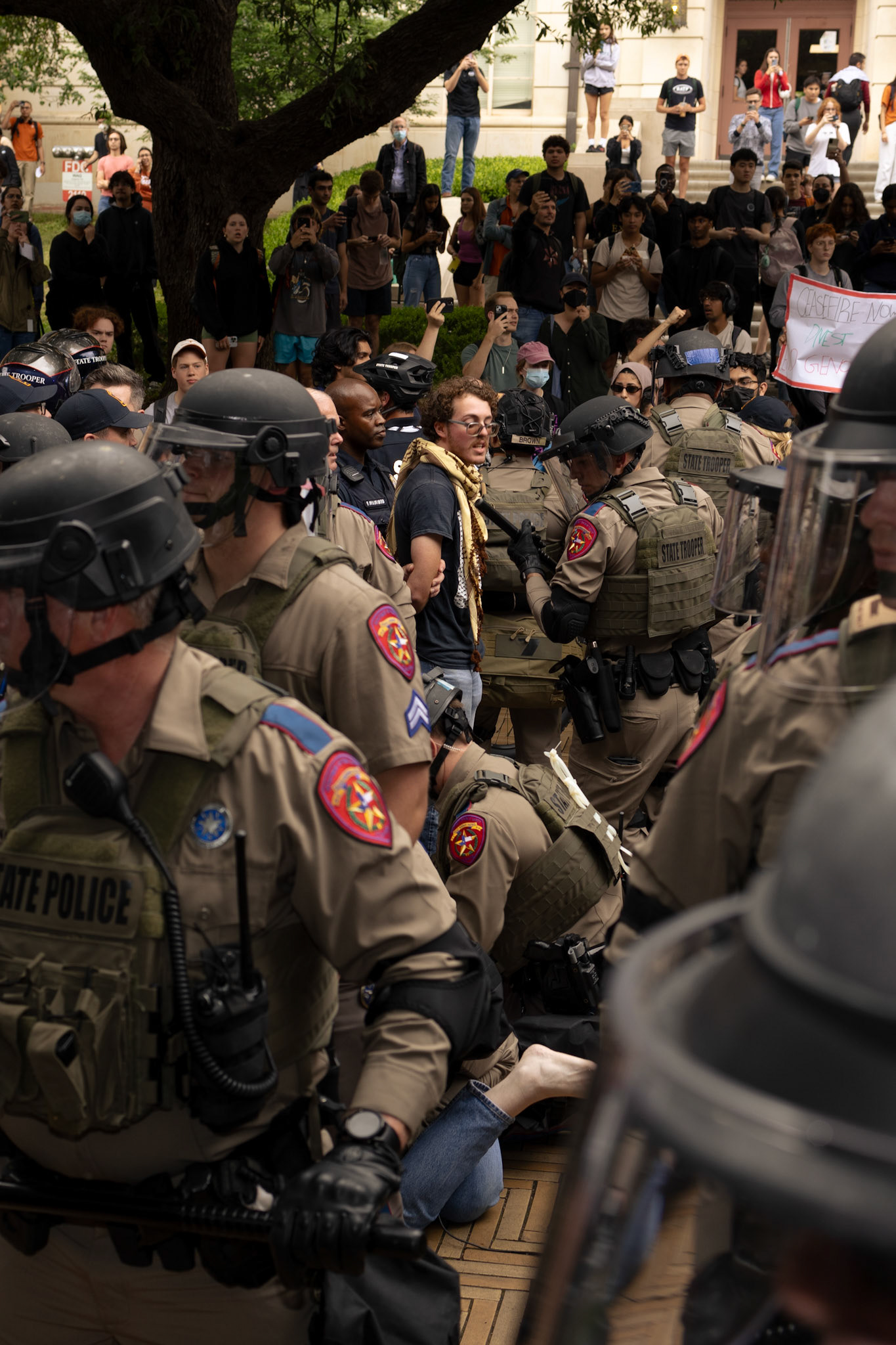 Qaddumi is the first to be arrested on April 24, 2024. Qaddumi followed police demands and urged the crowd to disperse from the campus speedway before being detained.