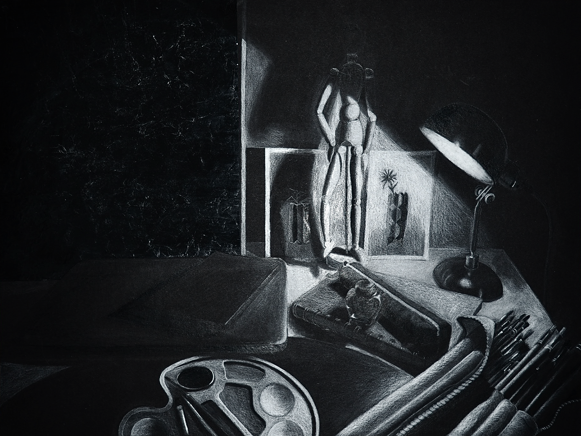 Schreibtischbild - weißer Polychromo auf schwarzem Karton