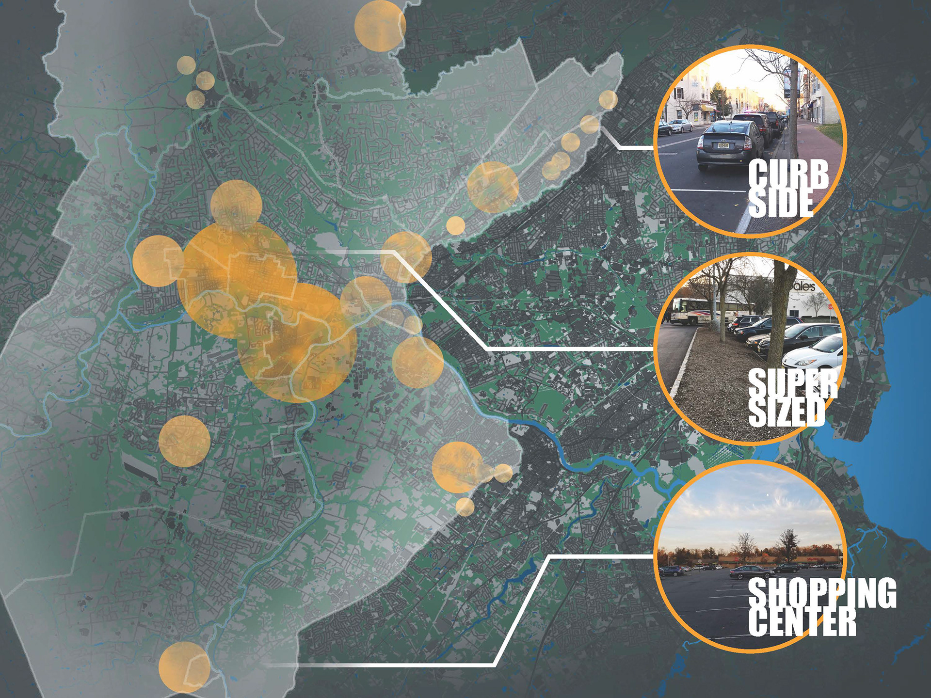 These sites were then grouped into 3 categories based on the type and size of the available parking area. We have curb side locations along streets; large lots associated with mega malls; and smaller parking lots associated with shopping centers and strip malls