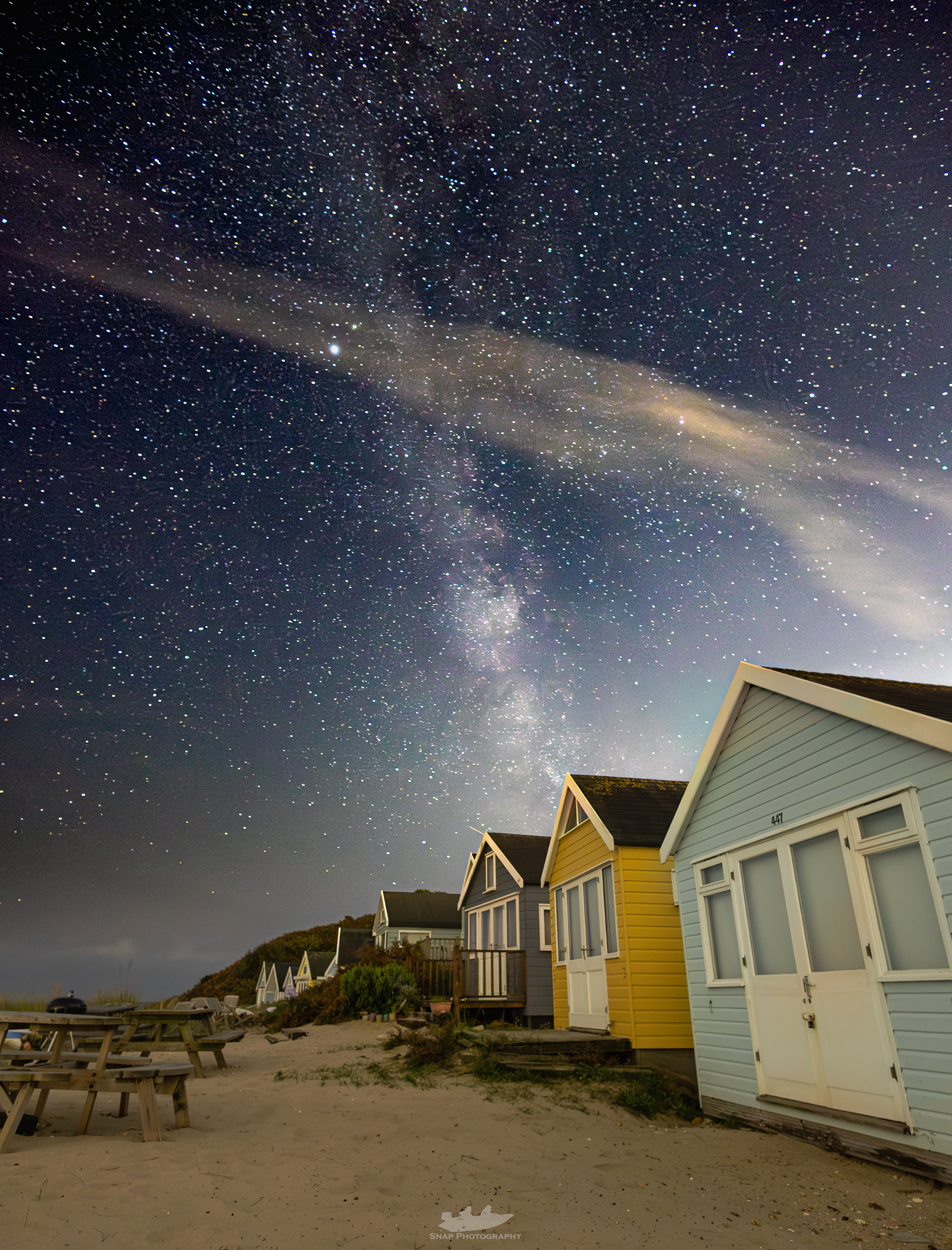 Milky way over the beach huts at Hengisbury Head