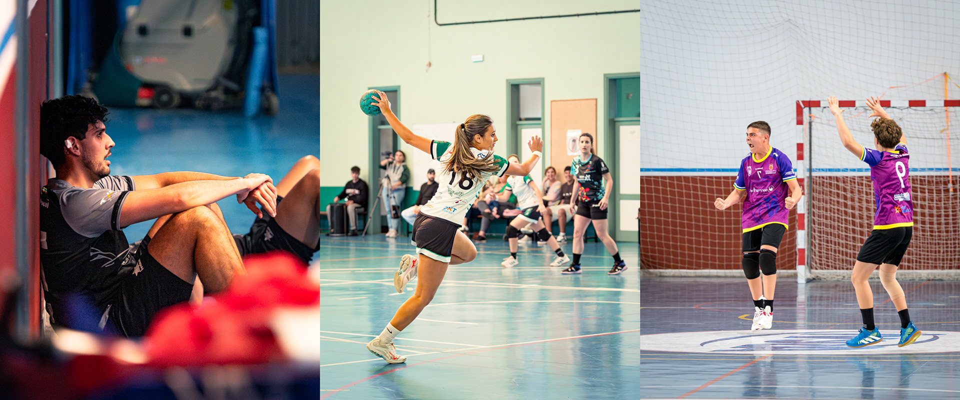 Composición de imágenes de varias categorías de balonmano en diferentes fases del desarrollo del juego
