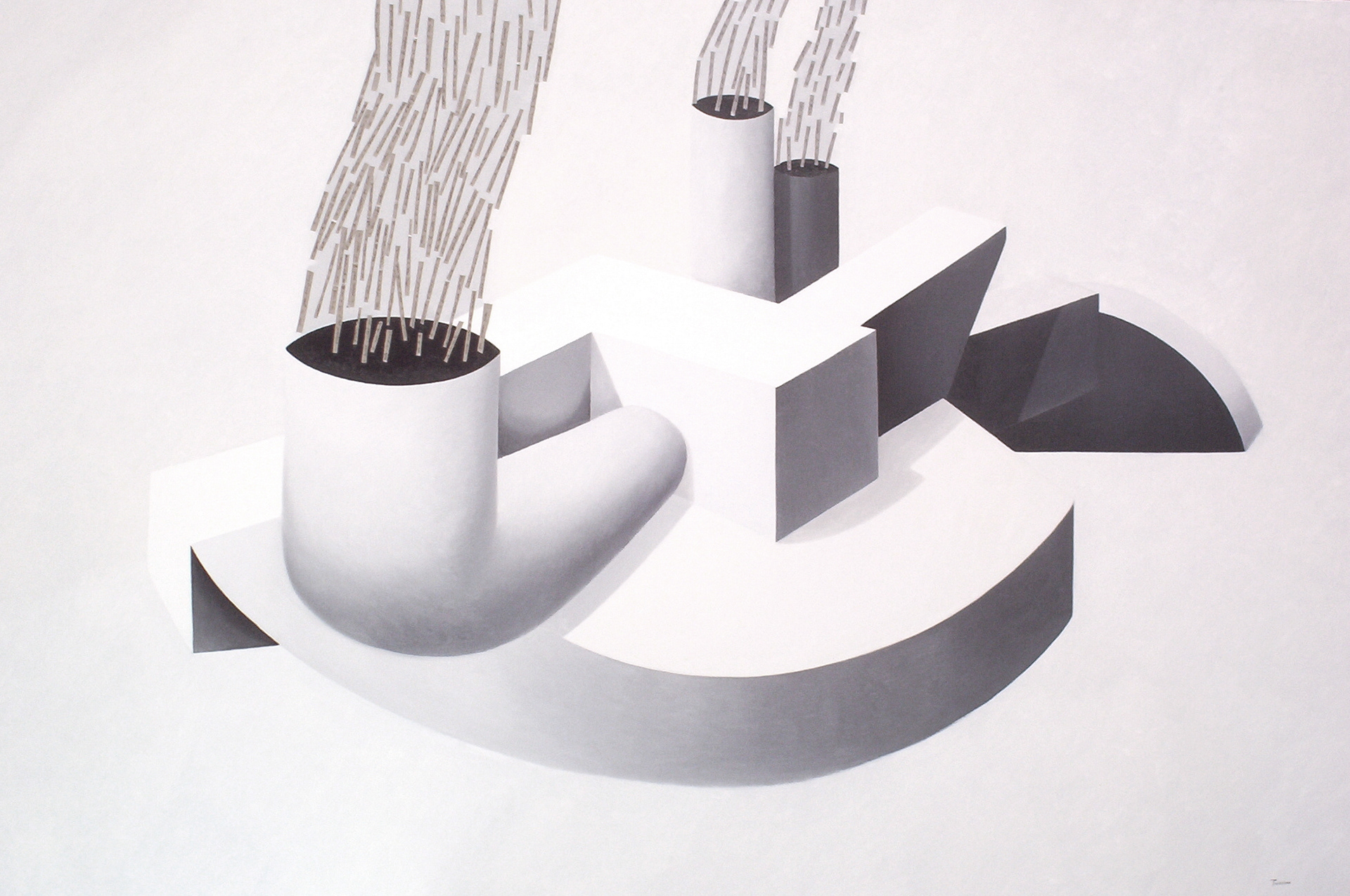 Psyco-factory. Óleo y collage sobre lienzo. 130 x 195 cm. 2004.