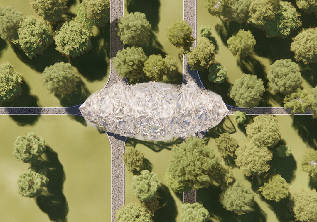 Aerial view of the raw-timber greenhouse.