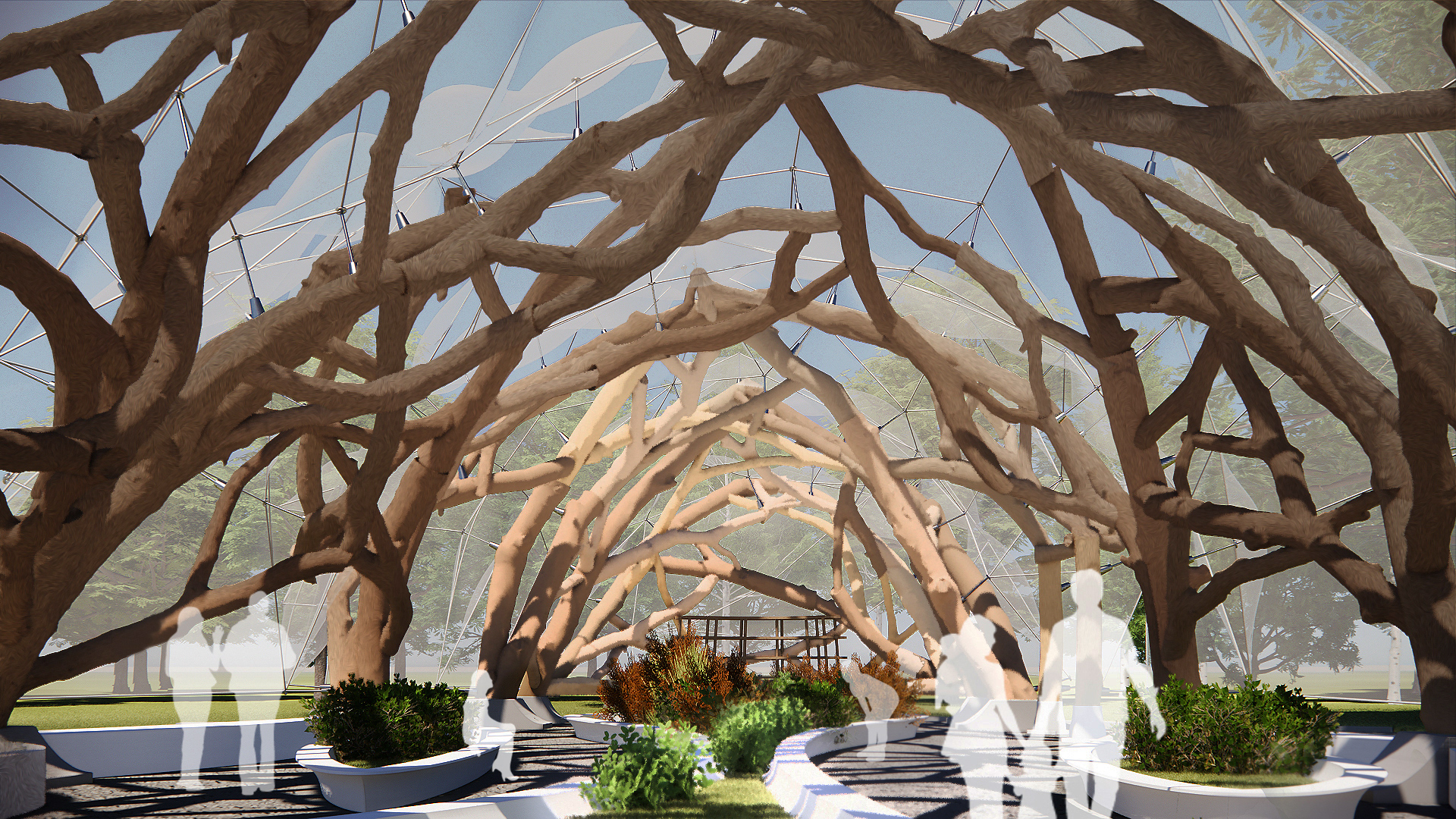 Interior view of the raw-timber greenhouse.