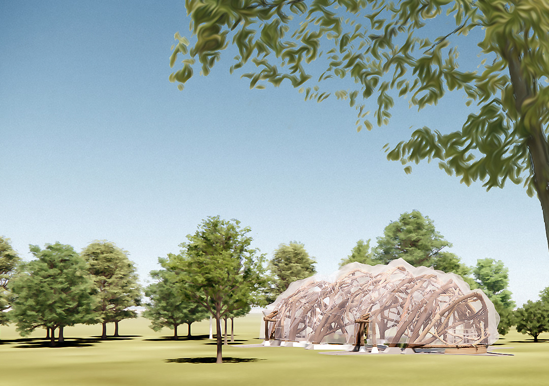 Exterior view of the raw-timber greenhouse.