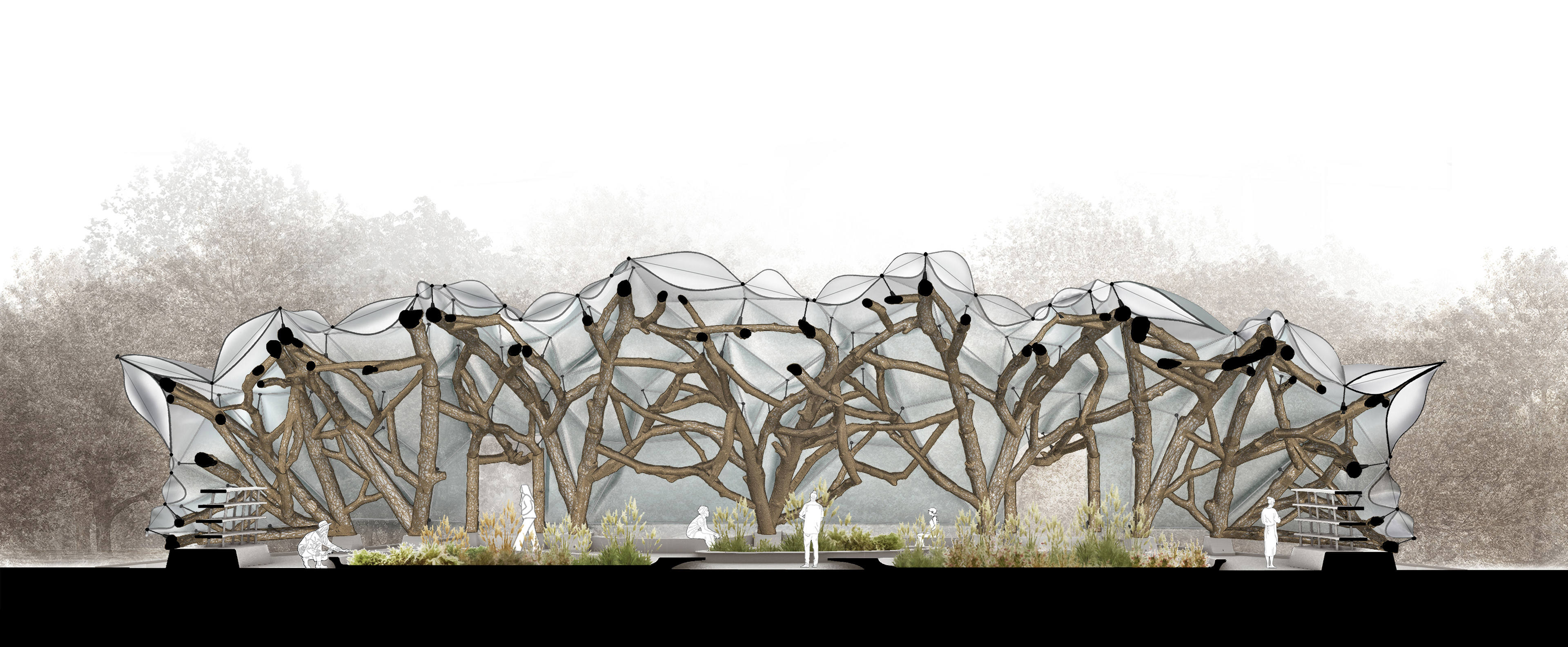 The greenhouse’s components include the main structure with anchor points and ETFE panels serving as the outer membrane.