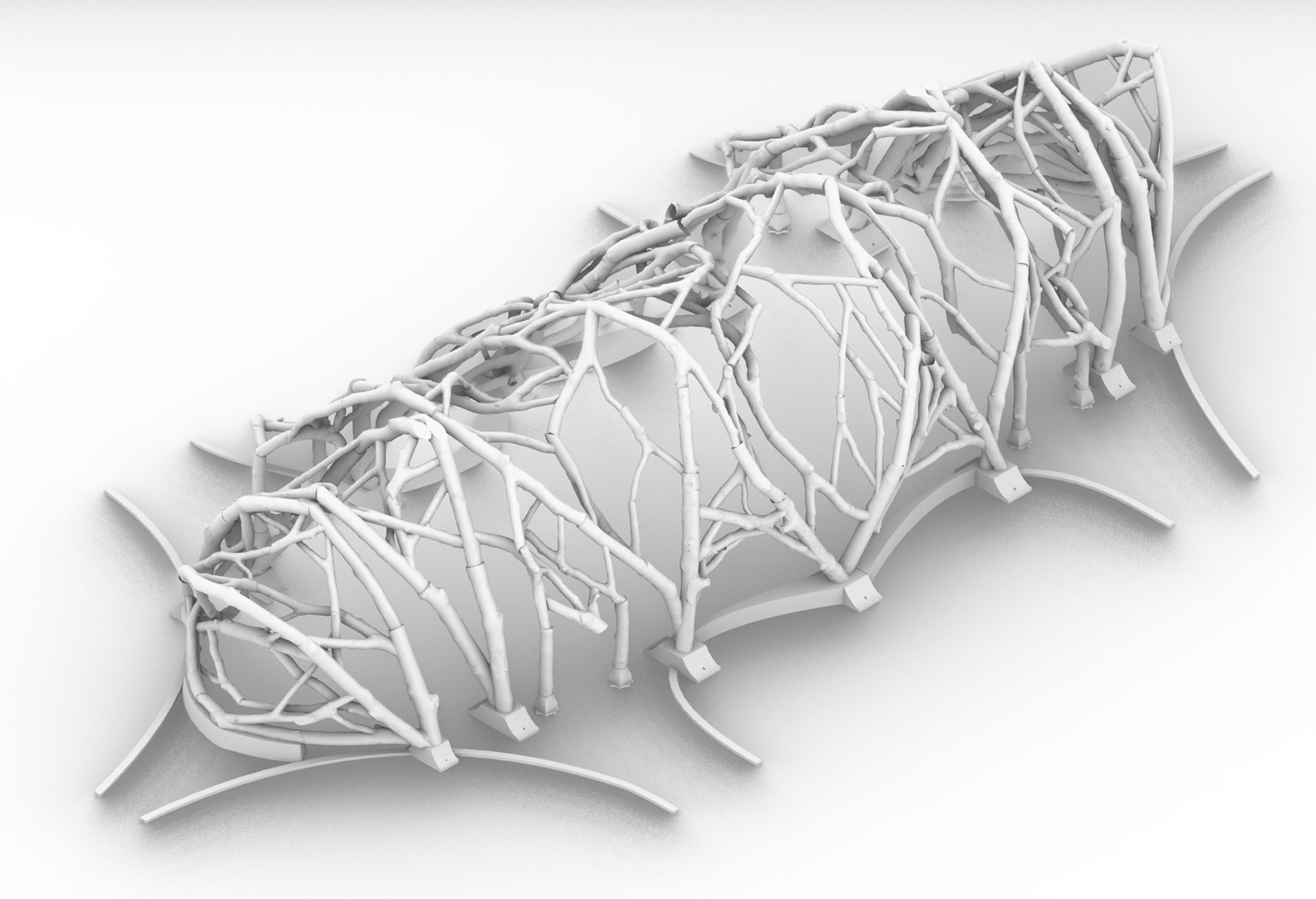 Prototype 4. A digital model showing raw timber structure on concrete bases.