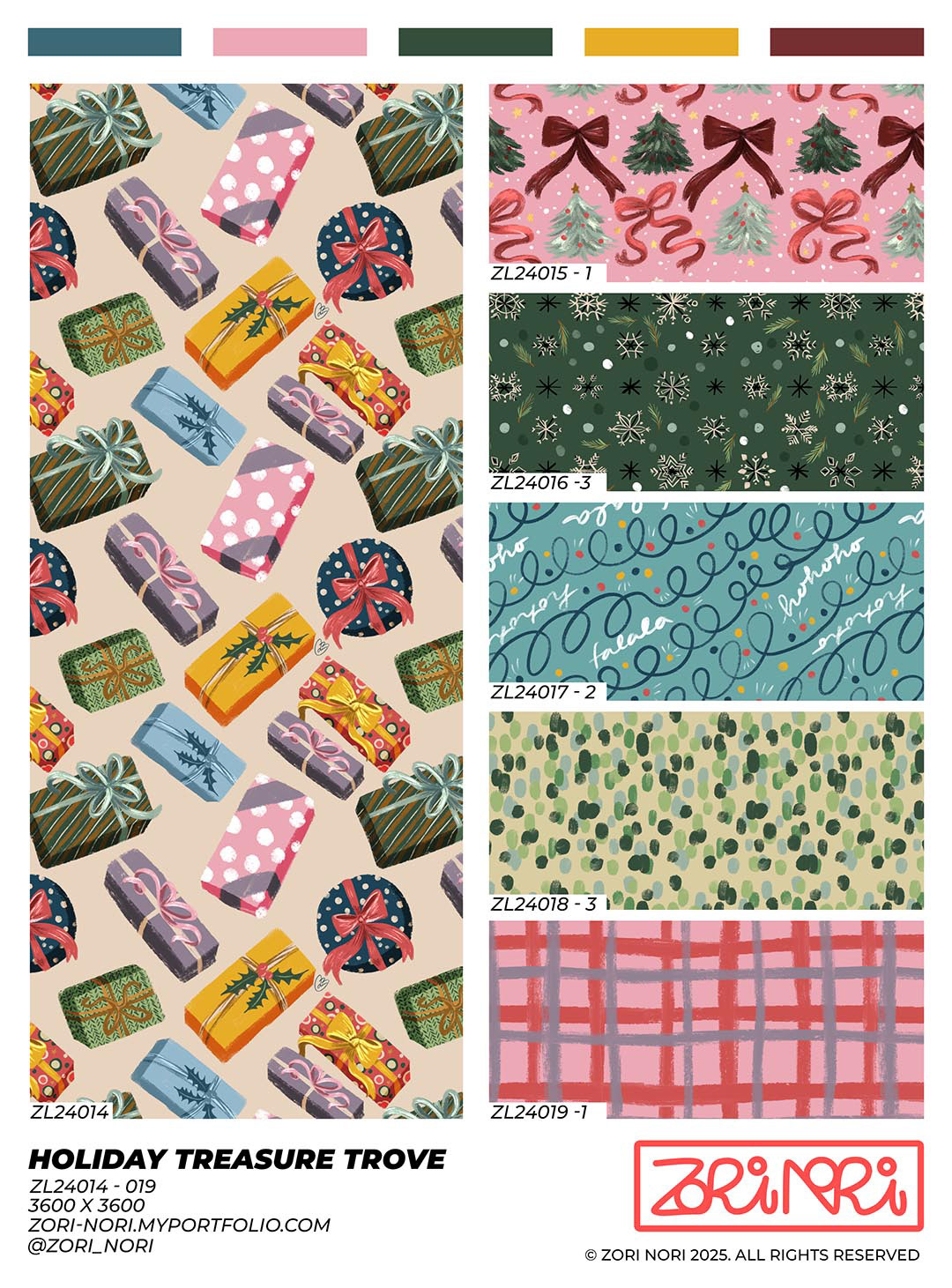 seasonal christmas gift boxes tinsel surface pattern design collection for licensing, stationery, fabric and more