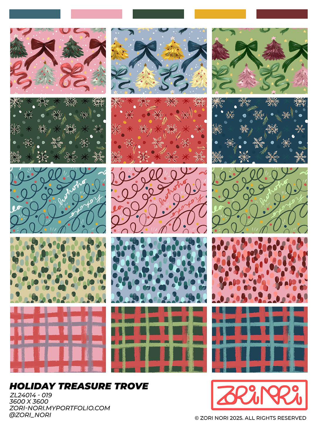 seasonal christmas gift boxes tinsel surface pattern design collection for licensing, stationery, fabric and more