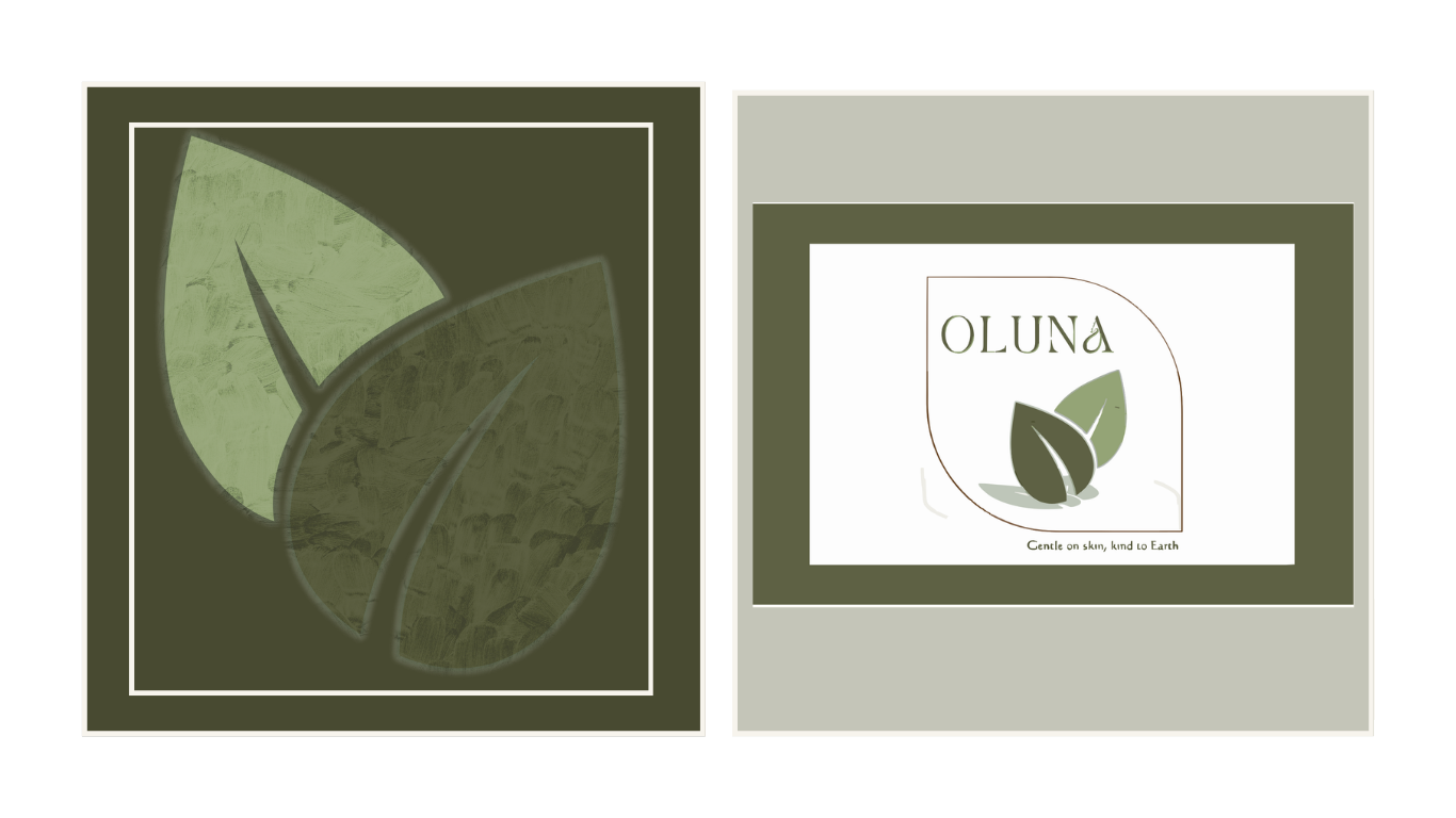 OLUNA logo — olive green label	OLUNA skincare brand logo design by Amanda Vest on dark olive green background featuring a botanical leaf emblem and clean serif typography — natural skincare brand identity	Clean. Earthy. Confident. OLUNA draws from botanical heritage to create a brand that feels as good as it looks.