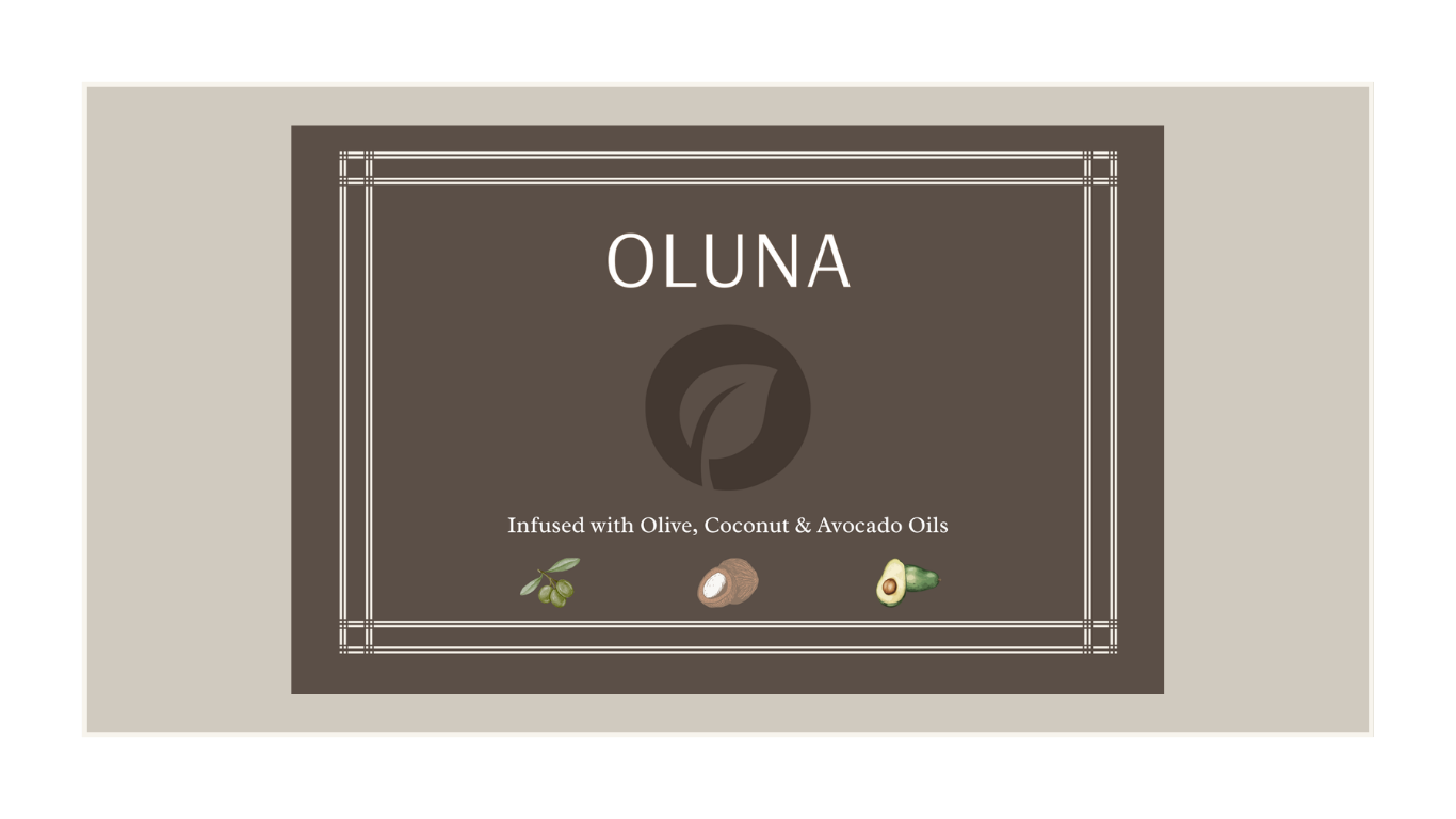 OLUNA product label detail	OLUNA skincare product label design by Amanda Vest with warm brown background featuring ingredient callouts for olive oil, coconut oil, and avocado — packaging design for natural skincare brand	Transparency meets elegance — an ingredient-forward label that builds consumer trust while staying visually refined.