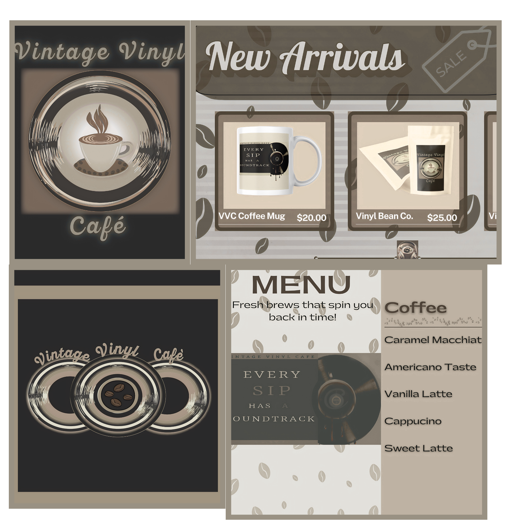 Social media mockups (small)	Mobile-scaled Vintage Vinyl Café Instagram post and menu mockups by Amanda Vest showing branded graphics at full social media dimensions — brand identity applied to digital content	Scaled down, never watered down. The brand holds its character at every size and across every screen.
