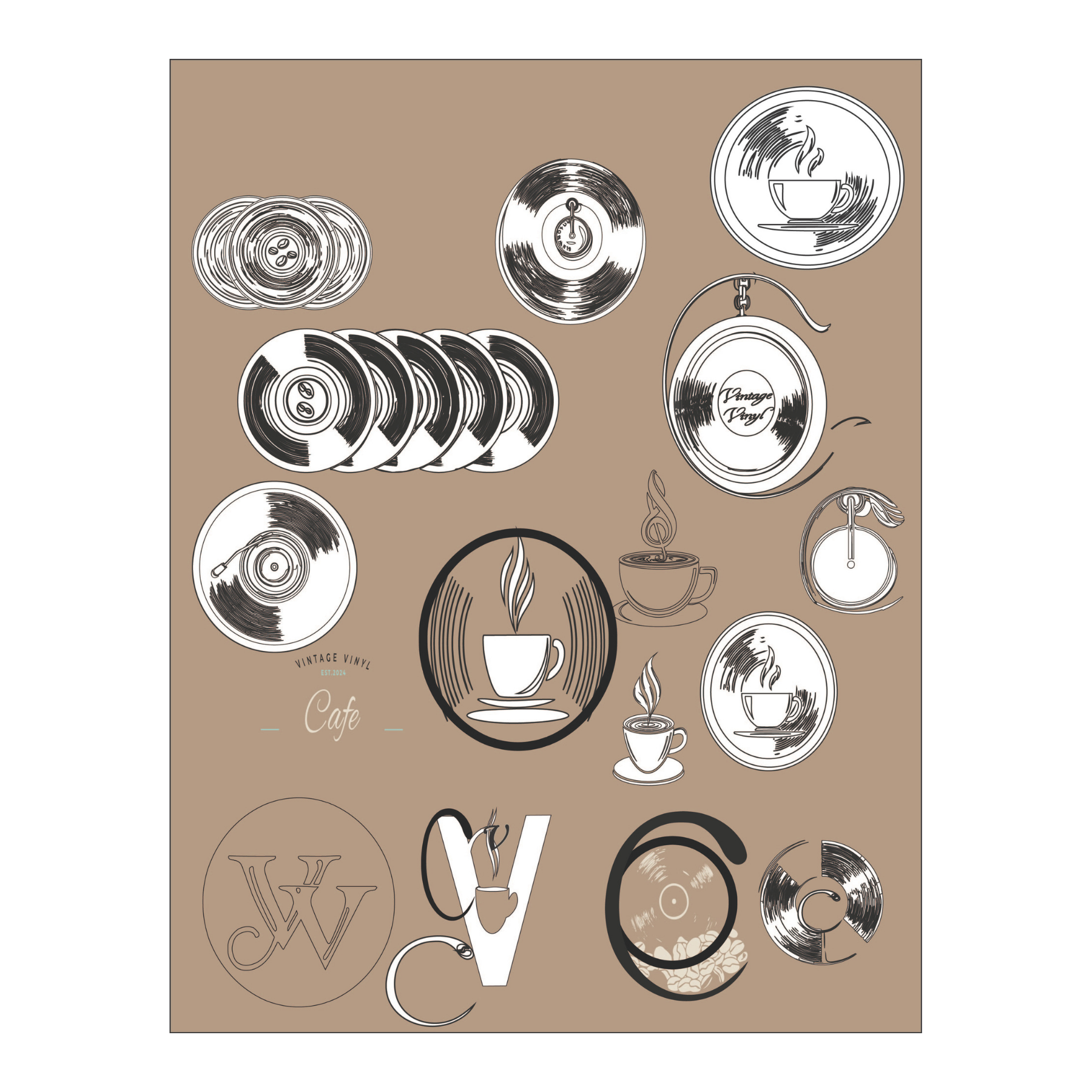 Custom icon illustration set for Vintage Vinyl Café by Amanda Vest featuring vinyl records, coffee cups, musical notes, and café-themed symbols on a tan background — brand iconography system