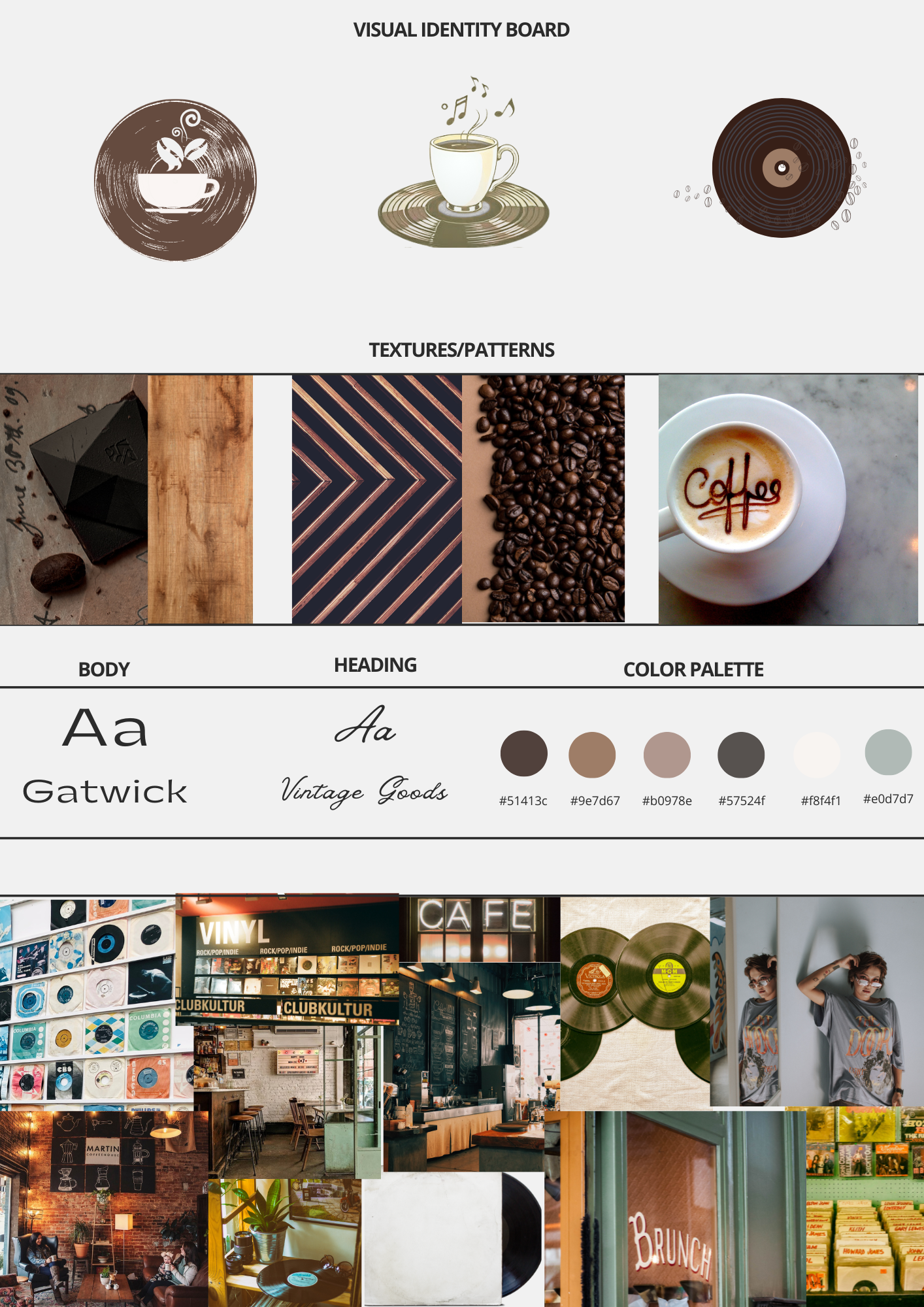 Vintage Vinyl Café visual identity mood board by Amanda Vest featuring logo concepts, coffee cup illustrations, and vinyl record motifs on a warm neutral background — full brand identity system