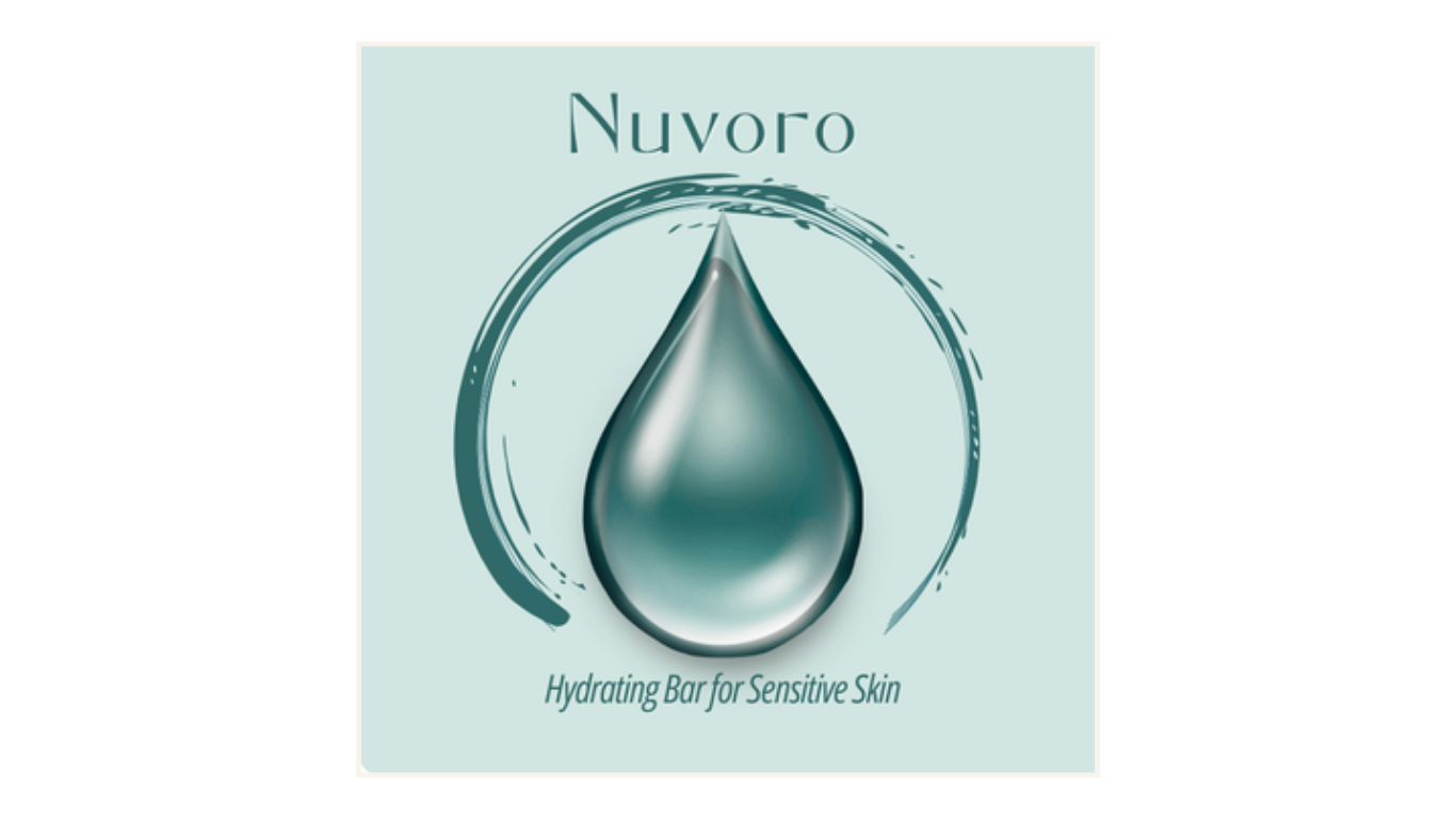 NUVORO skincare brand logo by Amanda Vest featuring a 3D water droplet mark on soft teal background with tagline 'Hydrating for All Sensitive Skin' — minimalist skincare logo design