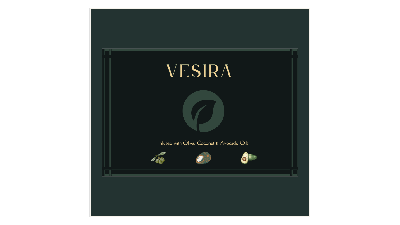 VESIRA luxury skincare brand logo by Amanda Vest on dark background with minimal mark and refined serif typography — dark, sophisticated skincare brand identity design