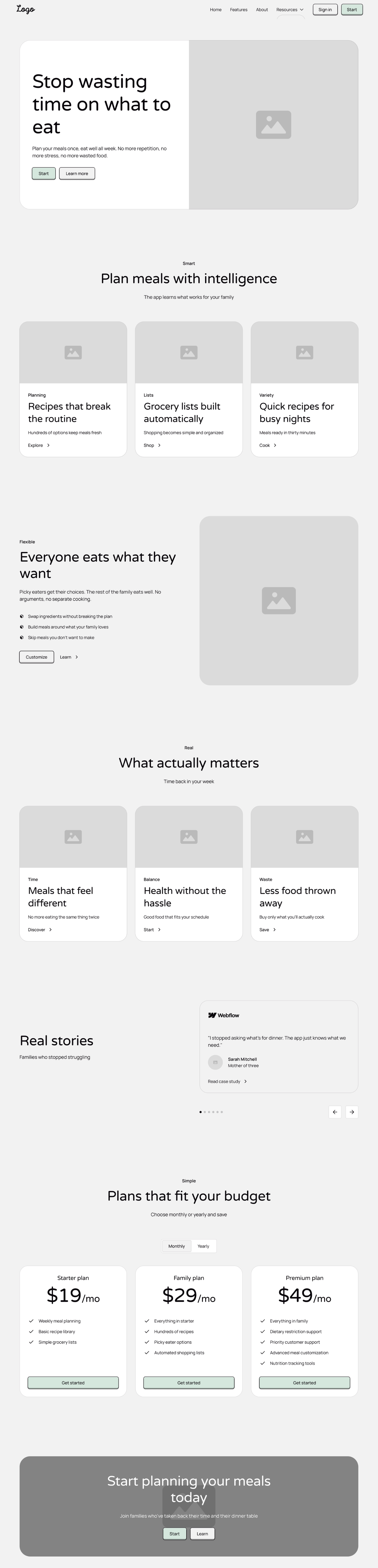 Wireframes	Pantri app low-fidelity wireframe screens by Amanda Vest showing meal plan calendar, recipe discovery, and household dietary preference filter flows — UX wireframe design in Figma	Before polish comes structure. Pantri's wireframes mapped every user decision before a single color was chosen.