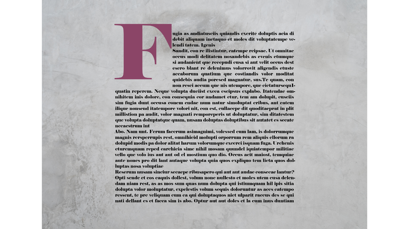 Editorial magazine spread by Amanda Vest featuring an oversized decorative drop cap F with multi-column body text on a textured gray background — editorial layout design in Adobe InDesign