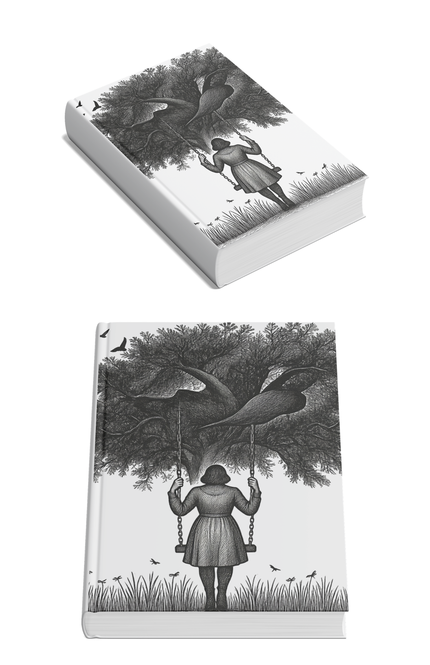Self-created graphic designer portfolio book cover by Amanda Vest featuring moody tree silhouette illustration, bold editorial typography, and dark dramatic composition — book cover design and self-branding