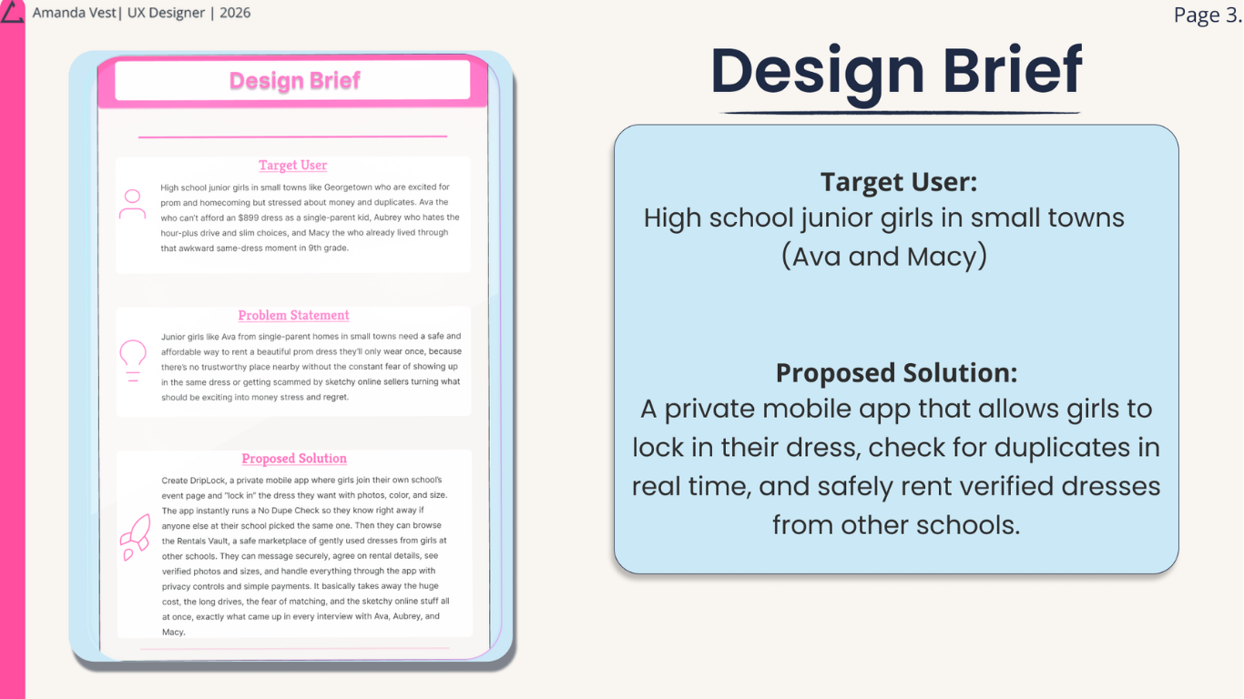 DripLock user flow and interaction design screens by Amanda Vest showing browse, lock, and trade confirmation steps — prom dress app UX prototype in Figma