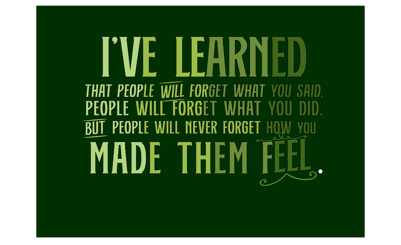 I've Learned quote poster	Inspirational typographic quote poster by Amanda Vest on dark green background exploring the Maya Angelou quote about how people make you feel — mixed typeface hierarchy design in Adobe InDesign	Some words deserve to be felt, not just read. A typographic exploration of one of the most powerful quotes on human connection.