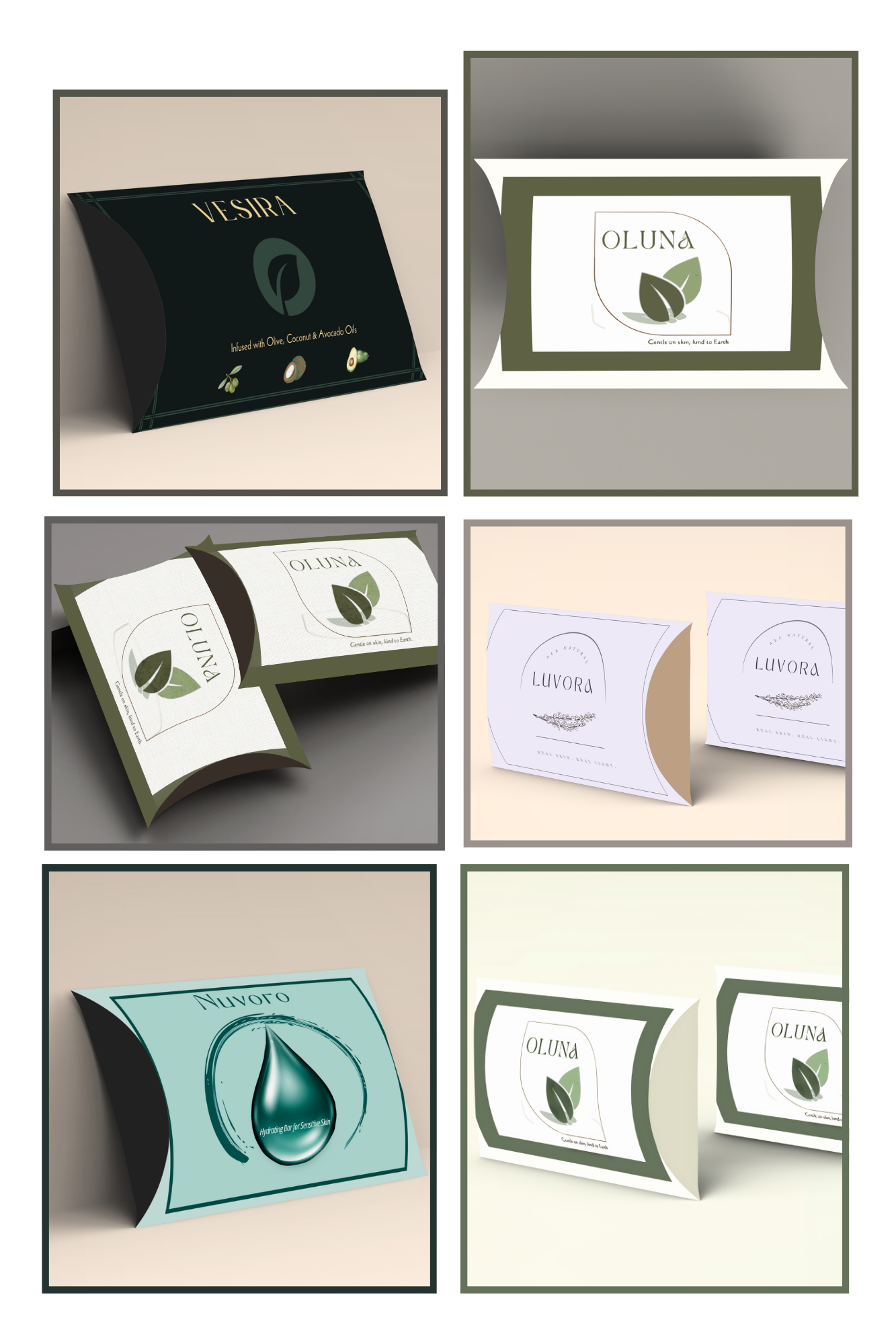 Flat lay packaging mockup grid showing VESIRA, OLUNA, and NUVORO skincare boxes, tubes, and folded cartons in a cohesive brand system