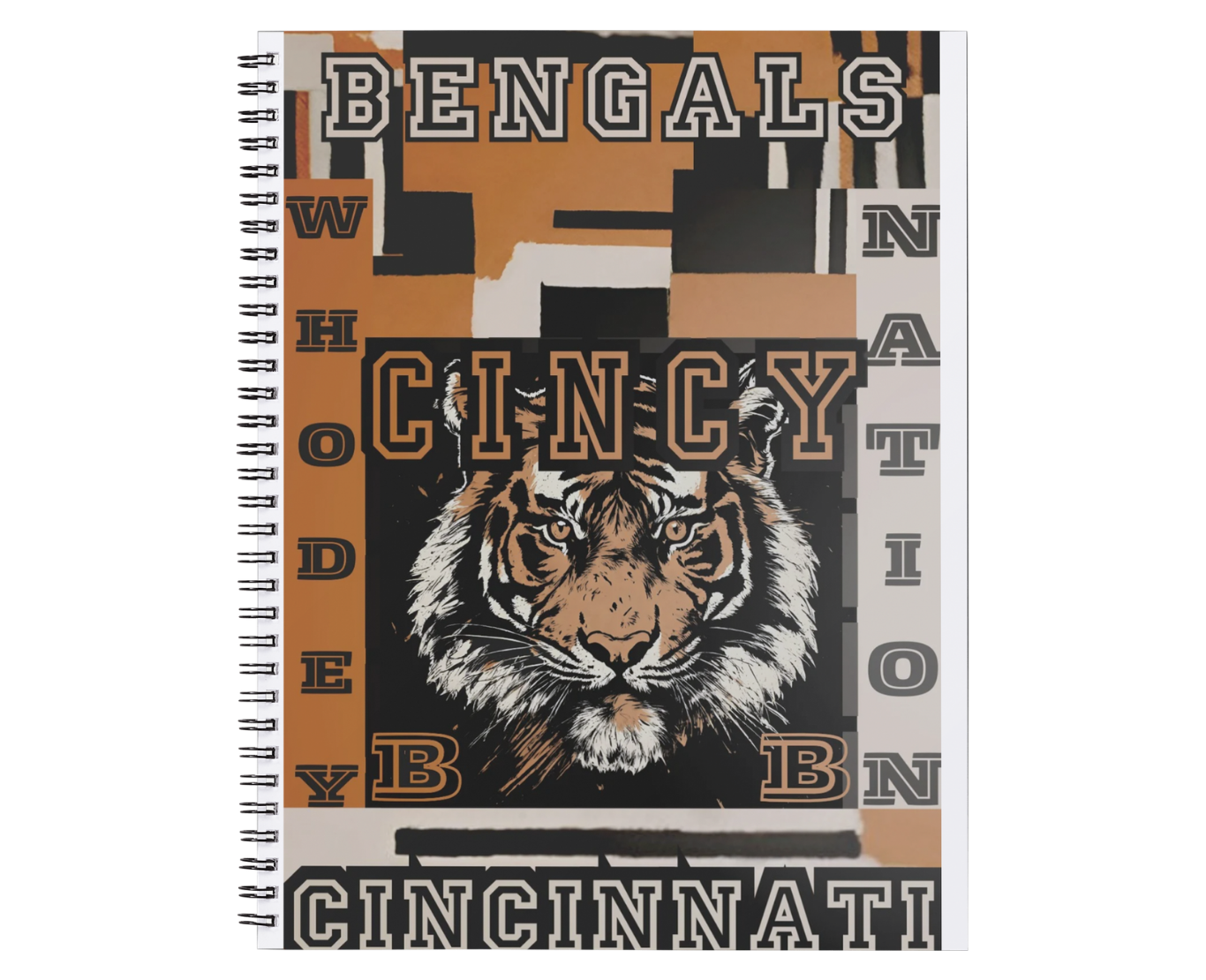 Self-created Cincinnati Bengals spiral notebook cover design by Amanda Vest featuring bold CINCY typography, tiger mascot illustration, and team color palette — sports graphic design and print layout