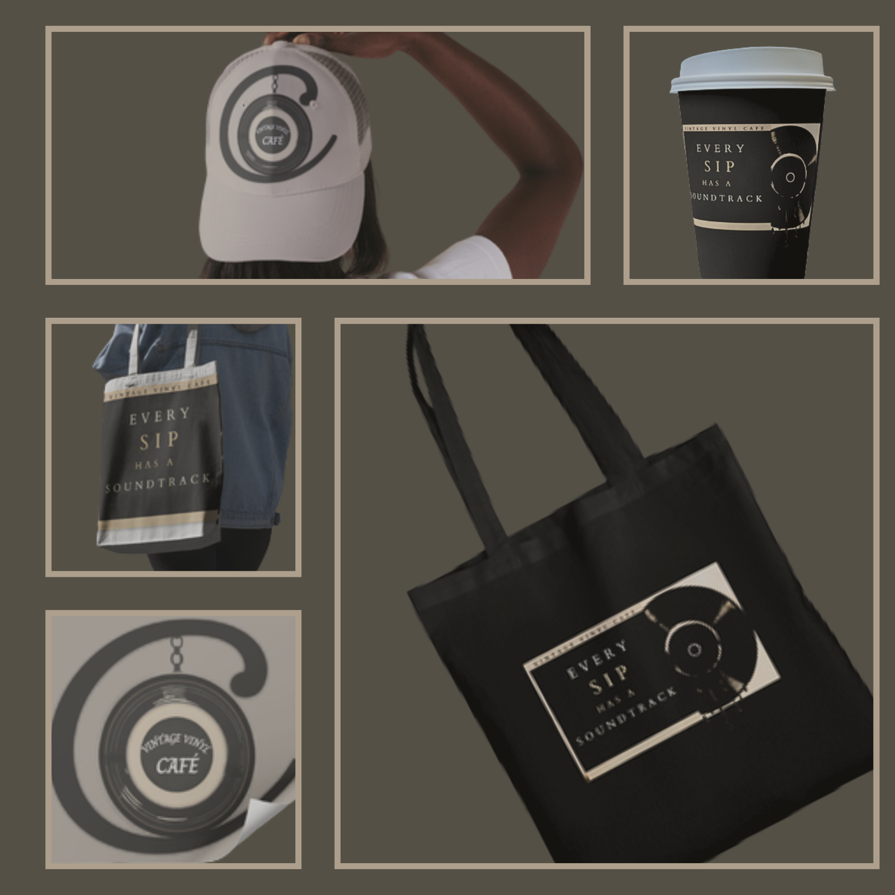 Branded merchandise and print collateral mockup grid for Vintage Vinyl Café by Amanda Vest including tote bags, cups, stickers, and promotional materials in cohesive brand palette