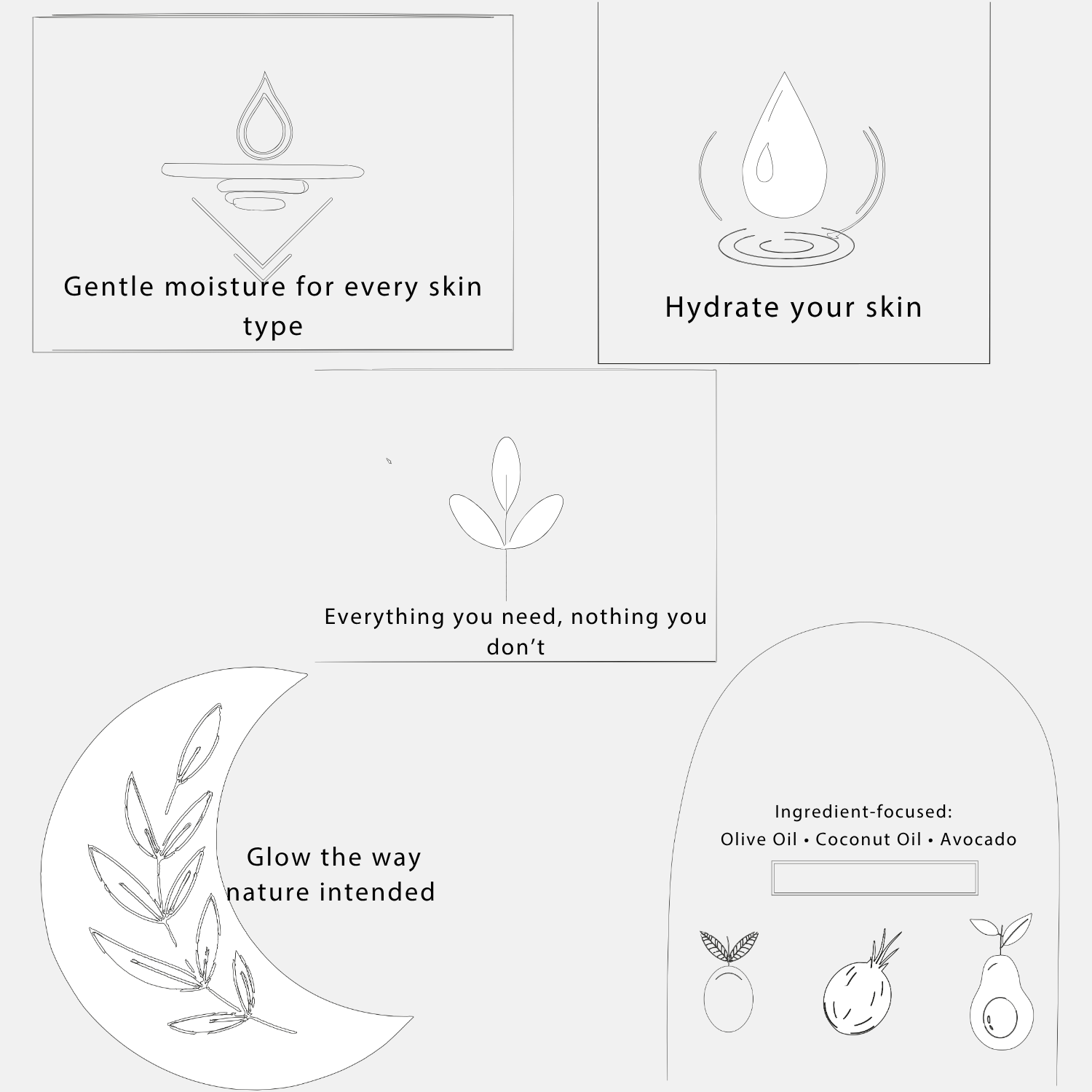 Skincare brand identity icon system by Amanda Vest featuring hand-drawn botanical illustrations including leaves, water droplets, and nature-inspired wellness motifs across three brand concepts