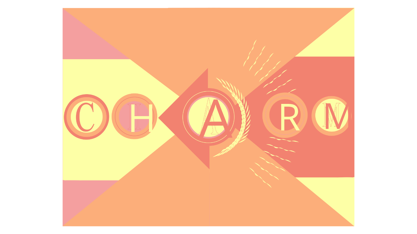 CHARM poster	Bold geometric typographic poster by Amanda Vest spelling CHARM in layered warm-toned letterforms over a yellow-orange gradient background — retro graphic design in Adobe InDesign	Warm tones, geometric structure, and layered letterforms — a poster that earns its name.