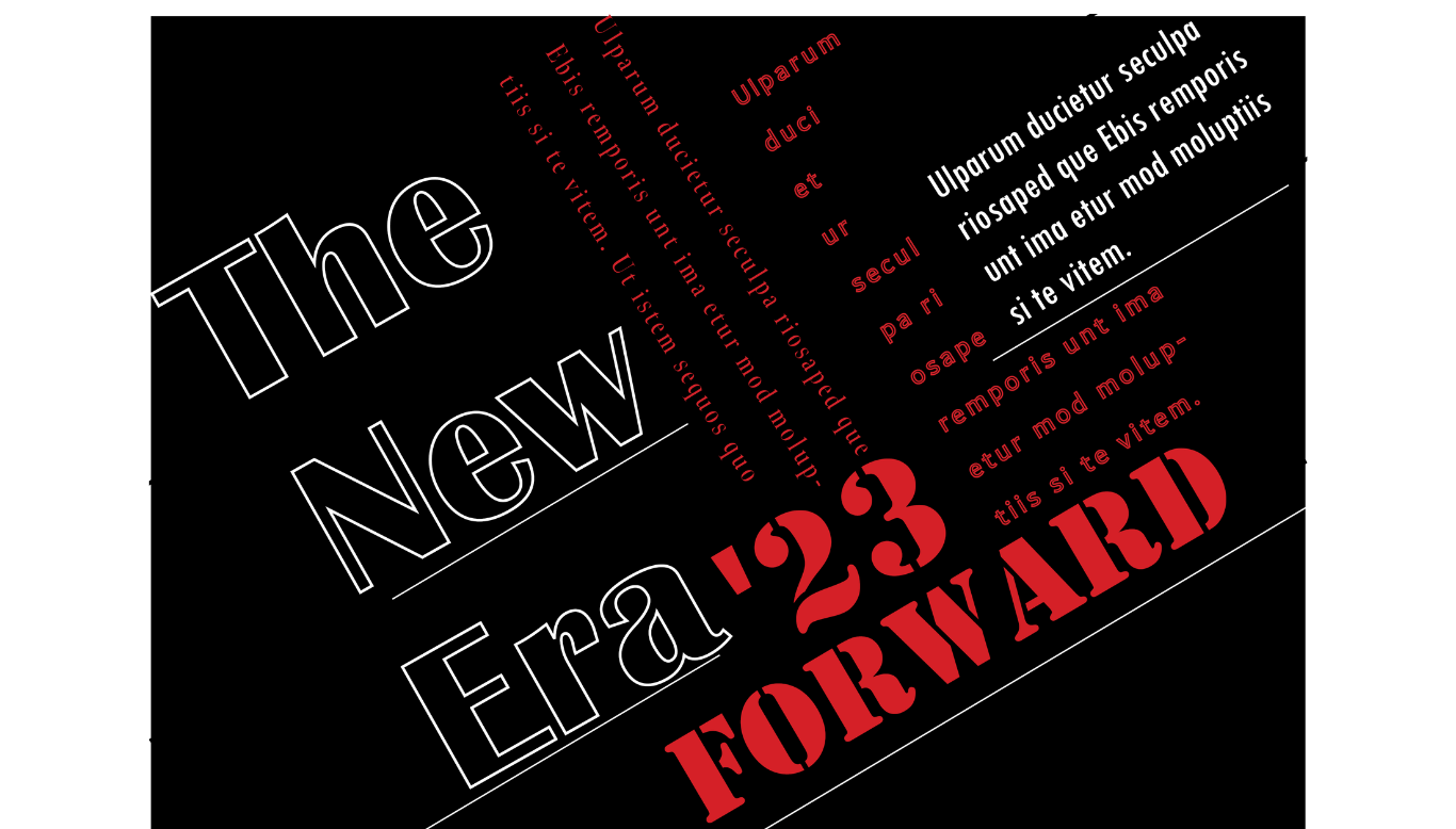 Word cloud typographic poster titled 'The New Era 23 Forward' by Amanda Vest featuring bold red and white mixed lettering on a black background — editorial type design in Adobe InDesign