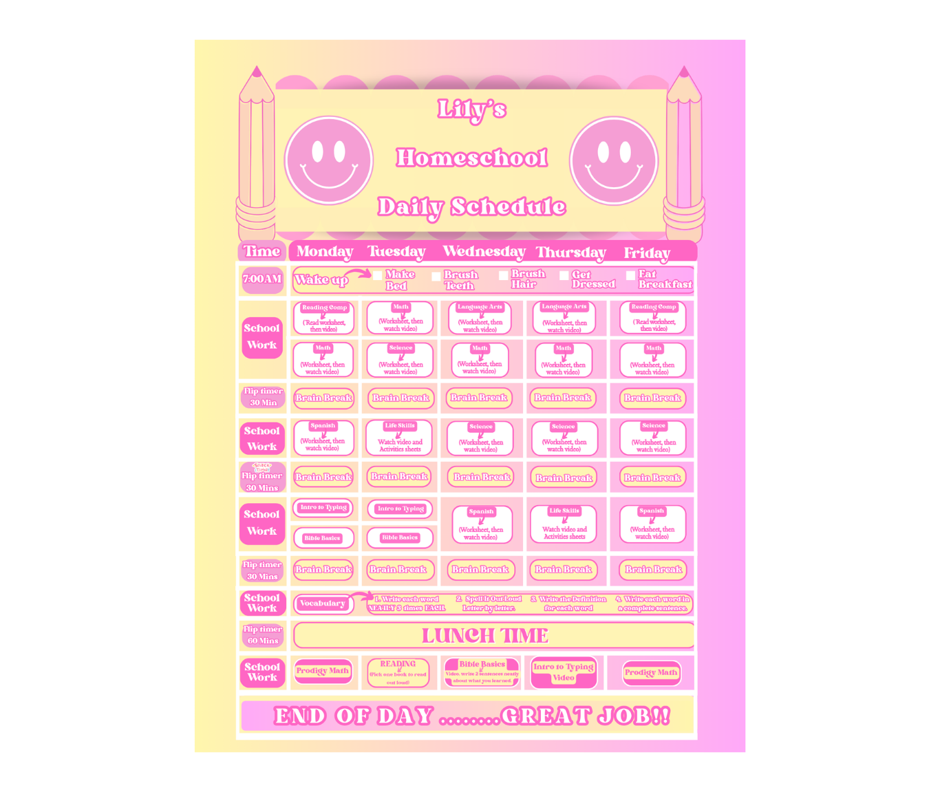 Colorful 2026 homeschool calendar, daily schedule design with bold pink and yellow typography for homeschool organization