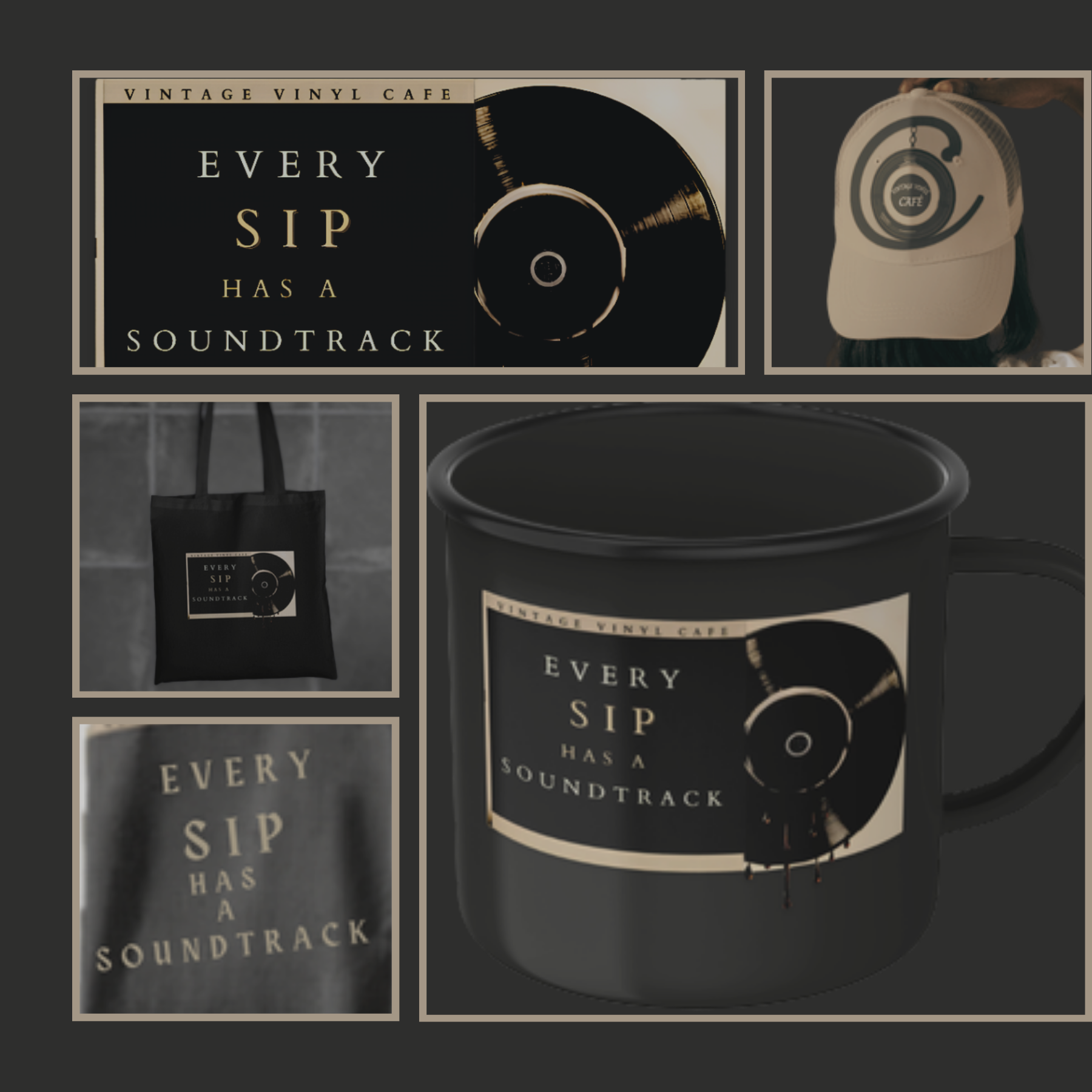 Branded merchandise and print collateral mockup grid for Vintage Vinyl Café by Amanda Vest including tote bags, cups, stickers, and promotional materials in cohesive brand palette