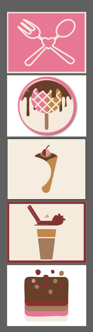 Melt & Dip redesigned brand icons displayed vertically by Amanda Vest showing consistent illustration weight, style, and warm color application across the complete icon family