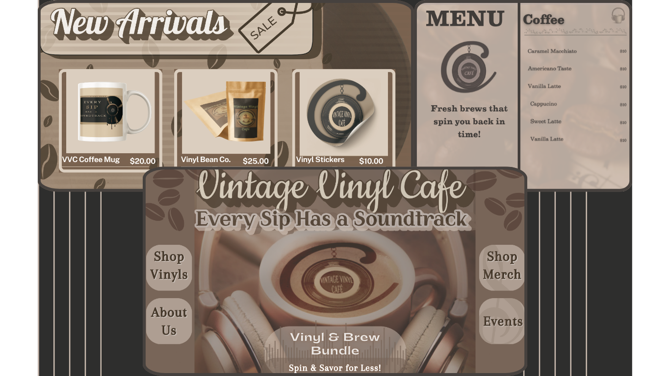 Vintage Vinyl Café large-format social media post and coffee menu board design mockups by Amanda Vest showing New Arrivals announcements in branded vintage colors — print and digital collateral