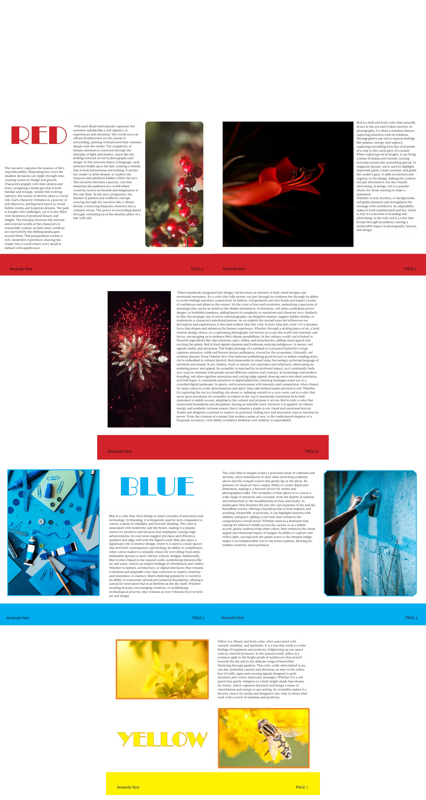 Editorial color study magazine spread titled My Color Book by Amanda Vest featuring bold typographic layout paired with macro rose photography and rich red tones — InDesign editorial magazine design