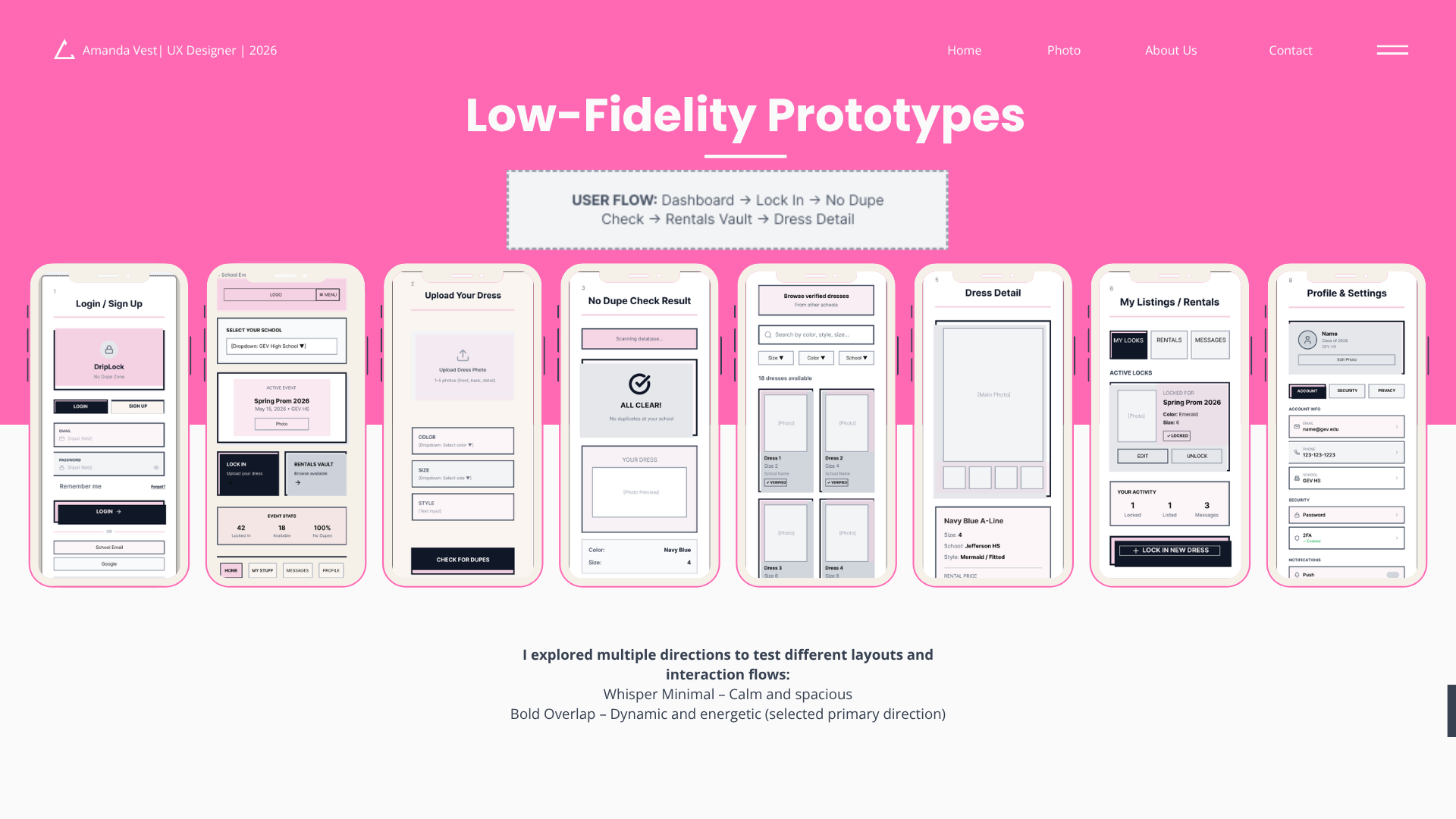 DripLock high-fidelity Figma UX/UI prototype screens by Amanda Vest showing school event page, No Dupe Check feature, Rentals Vault marketplace, and secure messaging for prom dress rental app
