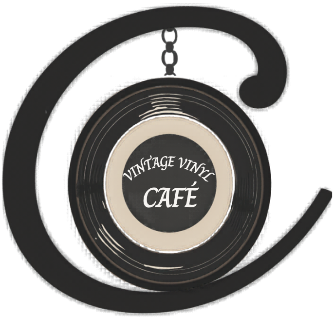 Vintage Vinyl Café circular monogram logo mark by Amanda Vest featuring VC letterform and coffee cup detail in dark brown on a black background — primary brand mark design