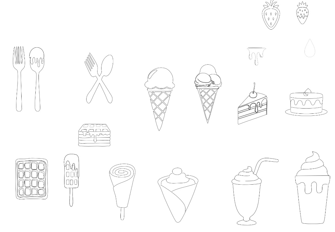 Custom redesign dessert-themed icon set for Melt & Dip by Amanda Vest including forks, spoons, ice cream cones, waffles, milkshakes, and cakes in a consistent single-stroke illustration style