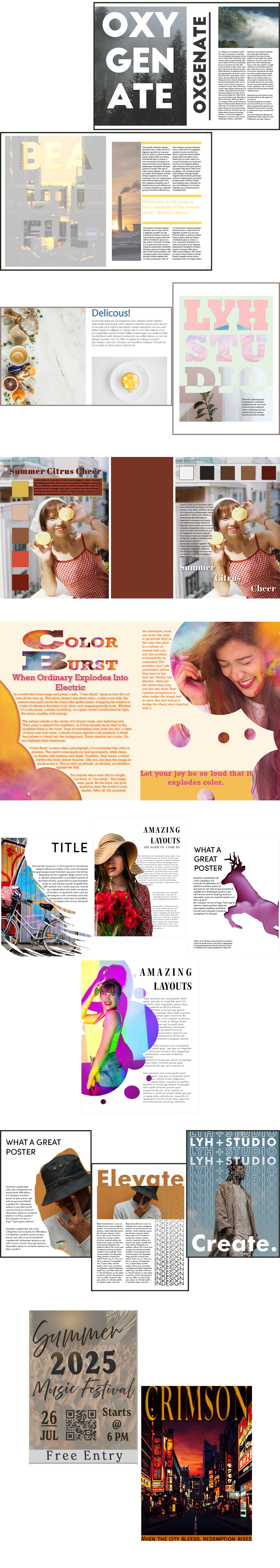 Editorial and visual systems design spread by Amanda Vest showcasing structured print layout with earth-tone color palette, minimal product photography, and typographic hierarchy — InDesign print design