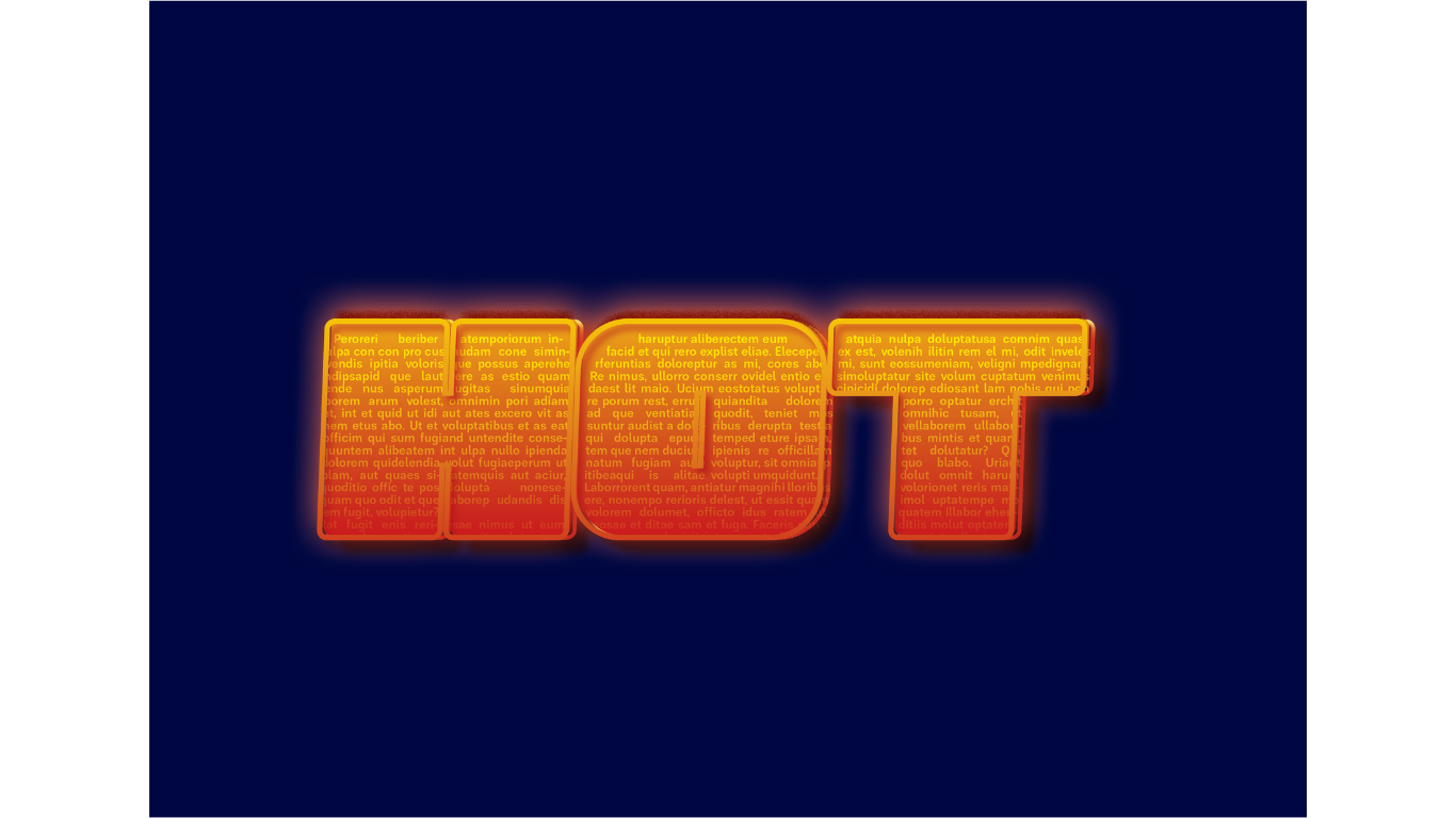 Retro 3D typographic poster by Amanda Vest spelling HOT in bold orange and gold dimensional lettering on a deep navy background — vintage-inspired type treatment in Adobe InDesign